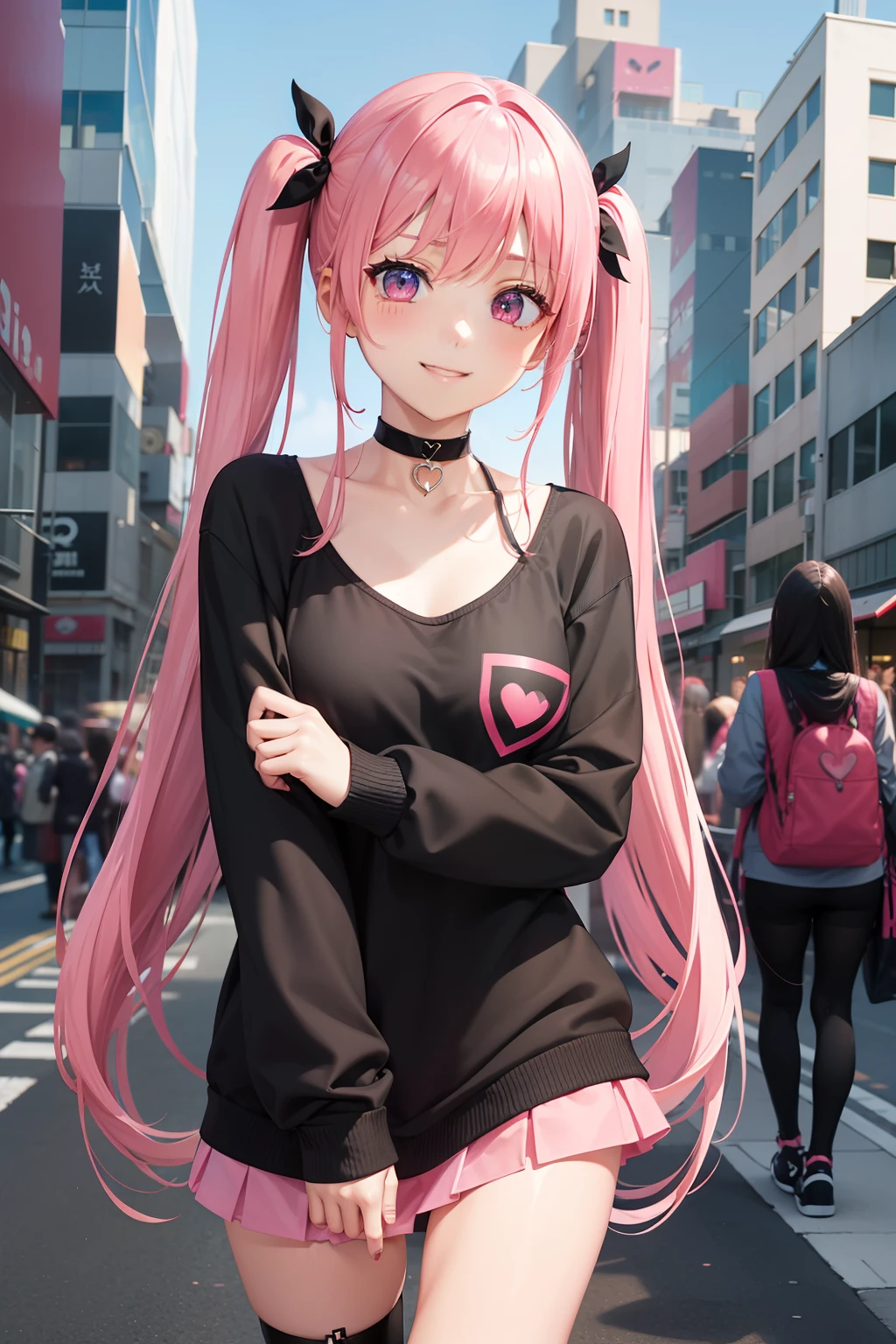 full body Esbian, masutepiece: 1.2, Highest Quality), (Live-action, elaborate details), (1 Lady, Solo, Upper body,) Clothing: Edgy, Black long jumper, pink miniskirt, long hair with pink twin tails,,,,,,,、Avant-garde, Experimental appearance: Long pink twin tail hair 、Heart-shaped choker、The location: bustling city、Solo, Nice smile、Value Creation in Mixed Media Art: individuality, authenticity, Creative expression