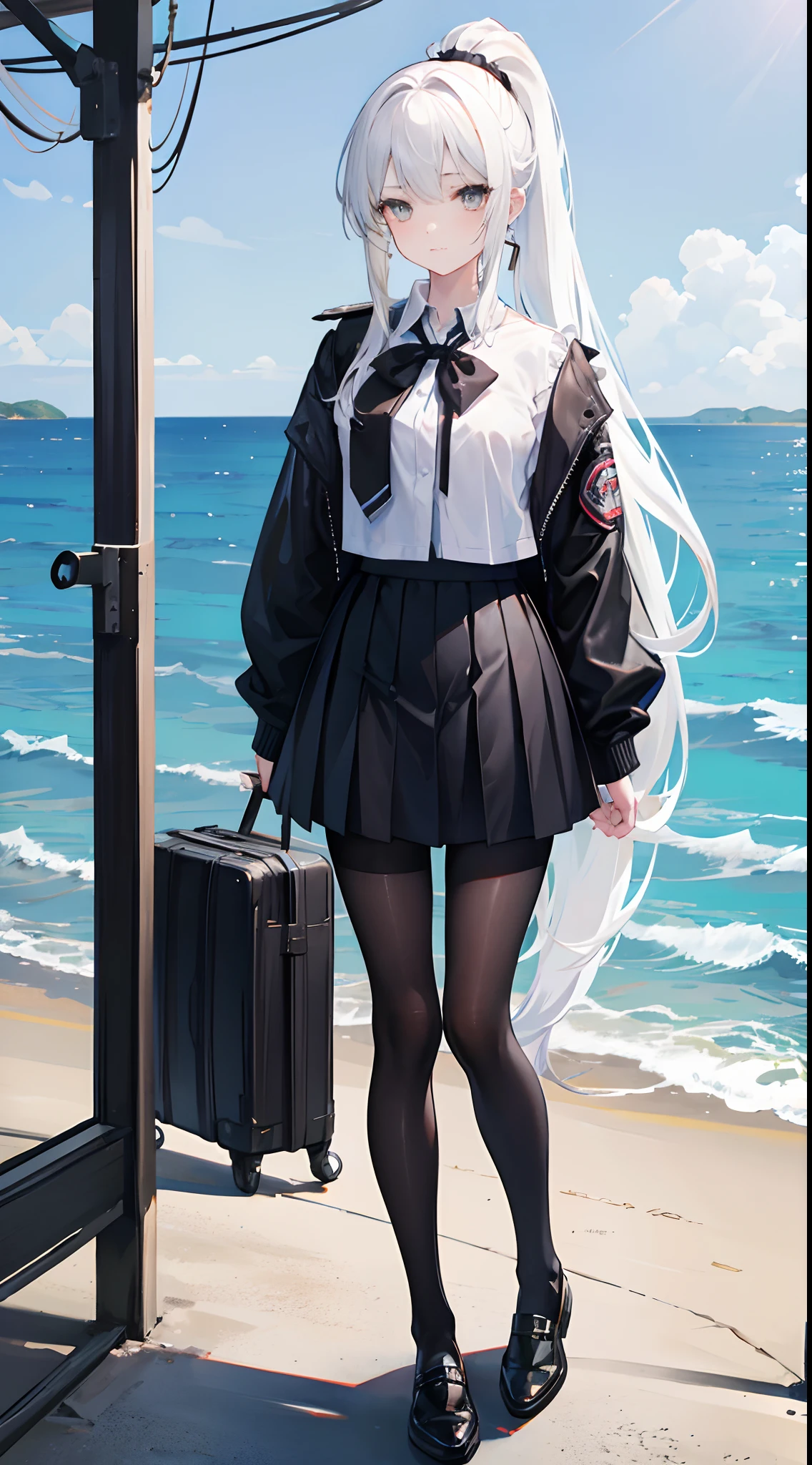 A ponytail hangs down the chest,White color hair,17-year-old girl,Black pantyhose,White eyes,F-cup,teens girl,Black school uniform,Black leather shoes,standing on the sea side