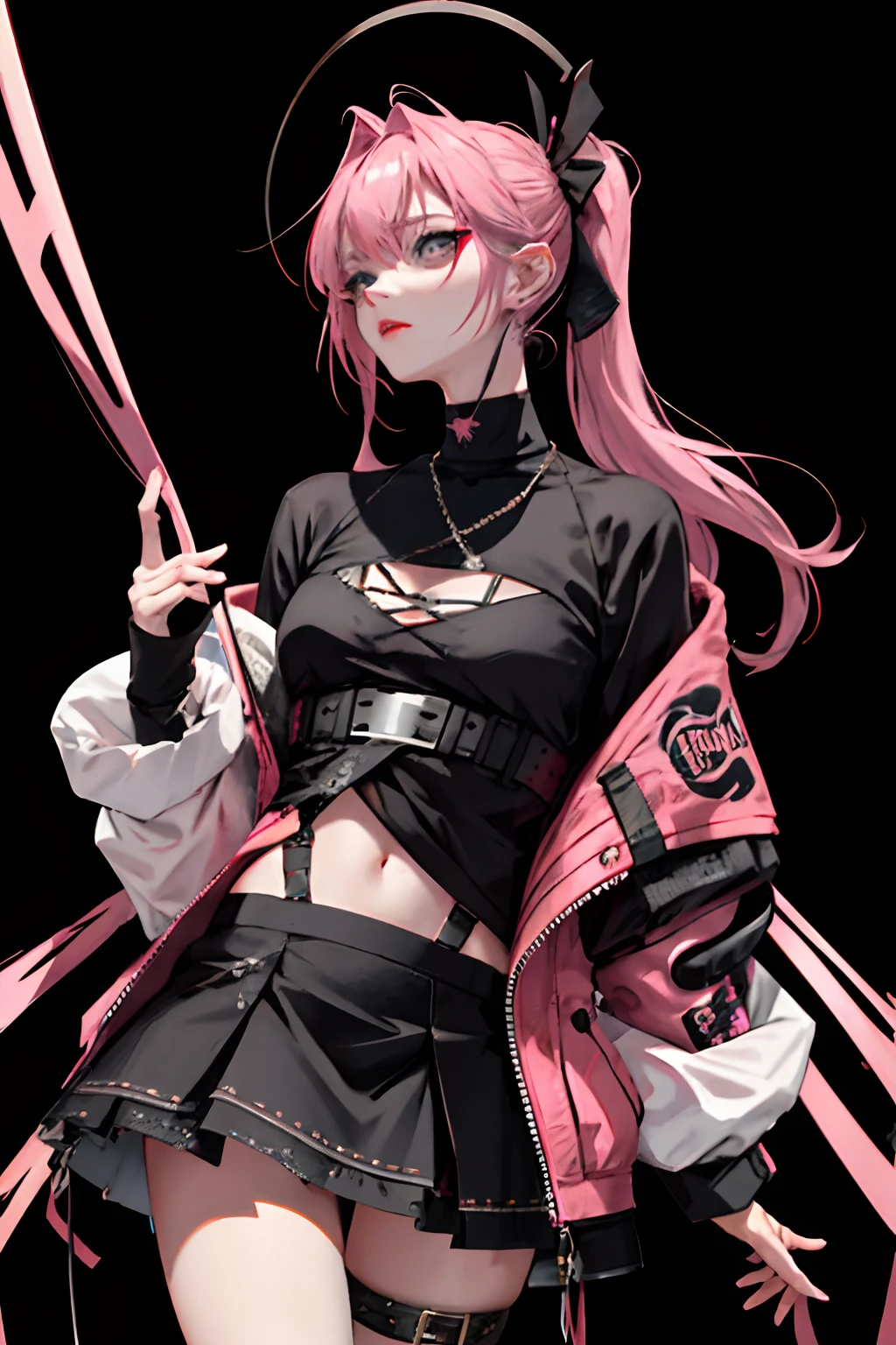 (masuter piece:1.2、top-quality)、(Live action、Intricate details)、(1lady、独奏、The upper part of the body、Colossal tits) garments: Edgy、Black jumper、Pink mini skirt、Avant-garde、Experimental appearance: Long pink hair、Dramatic makeup、Unconventional fashion choices behavior: Rebel、Runaway Ladies Leader、secretary-general、Black jumper、Pink mini skirt、Anti-system、Provocative Location: urban art district、Underground Music Scene Hobbies: Bad girl、Create mixed media art、Experiment with different subcultures values: individuality、authenticity、Creative Expression Inspiration: Runaway Ladies Leader、secretary-general、Counterculture icons、Nature: boldness、Unconventional。