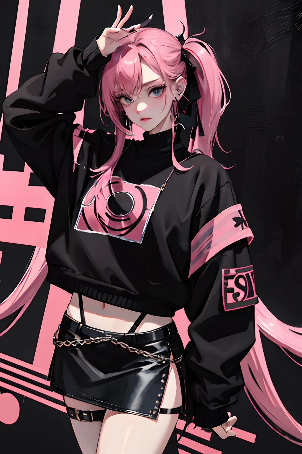 (masuter piece:1.2、top-quality)、(Live action、Intricate details)、(1lady、独奏、The upper part of the body、Colossal tits) garments: Edgy、Black jumper、Pink mini skirt、Avant-garde、Experimental appearance: Long pink hair、Dramatic makeup、Unconventional fashion choices behavior: Rebel、Runaway Ladies Leader、secretary-general、Black jumper、Pink mini skirt、Anti-system、Provocative Location: urban art district、Underground Music Scene Hobbies: Bad girl、Create mixed media art、Experiment with different subcultures values: individuality、authenticity、Creative Expression Inspiration: Runaway Ladies Leader、secretary-general、Counterculture icons、Nature: boldness、Unconventional。