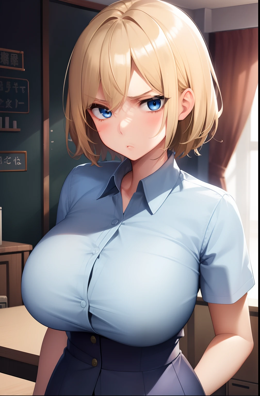 Girl short blond hair, blue eyes, sad expression