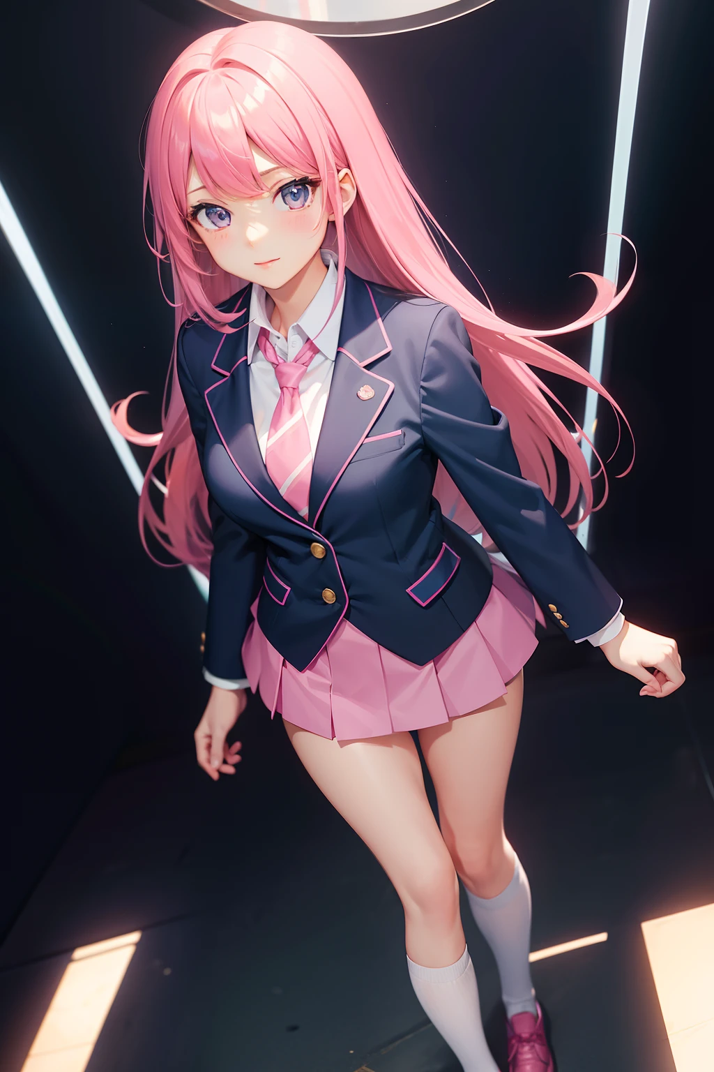 High School Girl, Dark blue blazer, Pink super mini skirt, Pink tie, knee high socks, Long pink hair, Solo, academy、rainbows、brilliance、full body Esbian, Looking at Viewer, Front view,