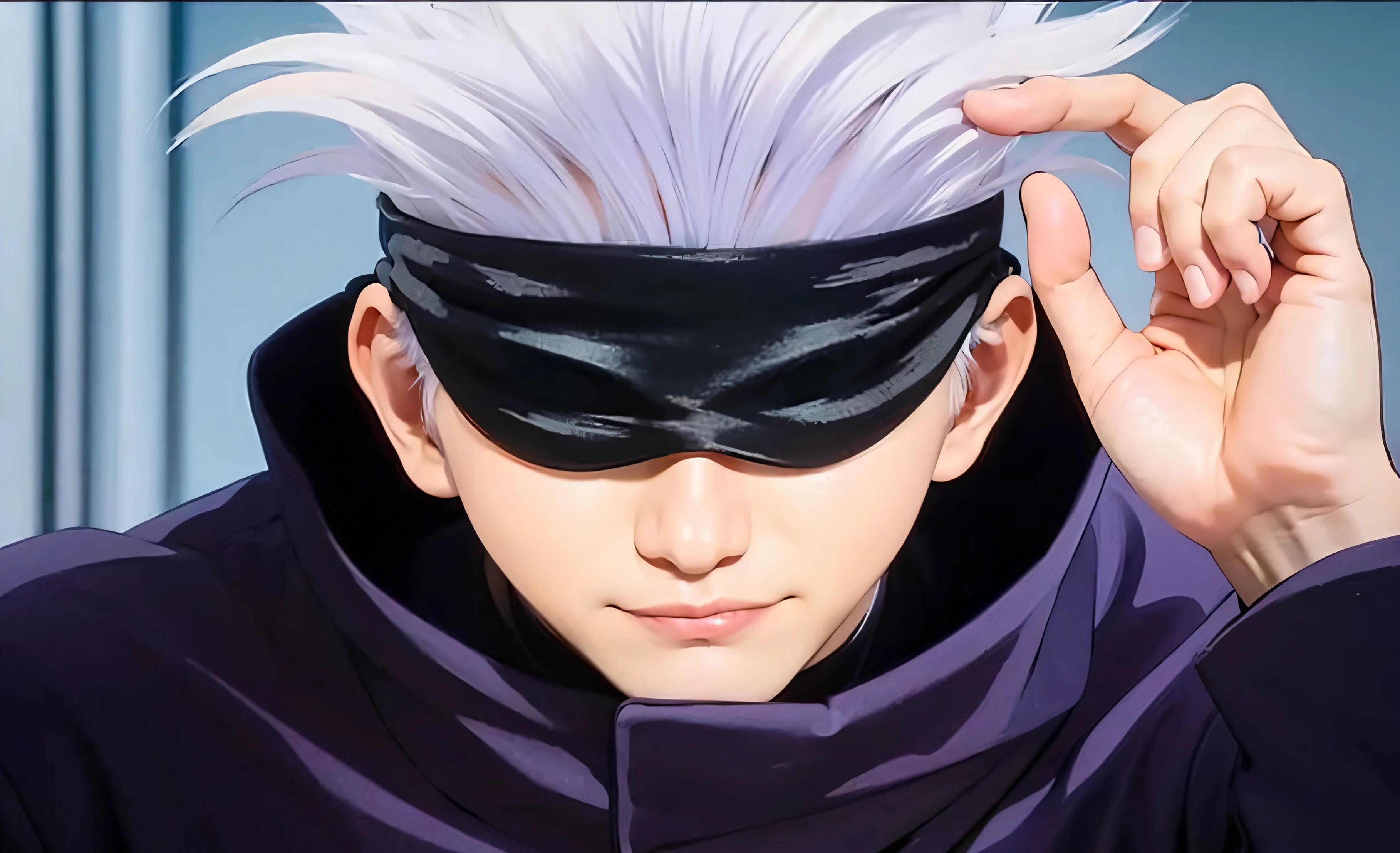 man with blindfold, white hair, uniform, satoru gojo, close-up view