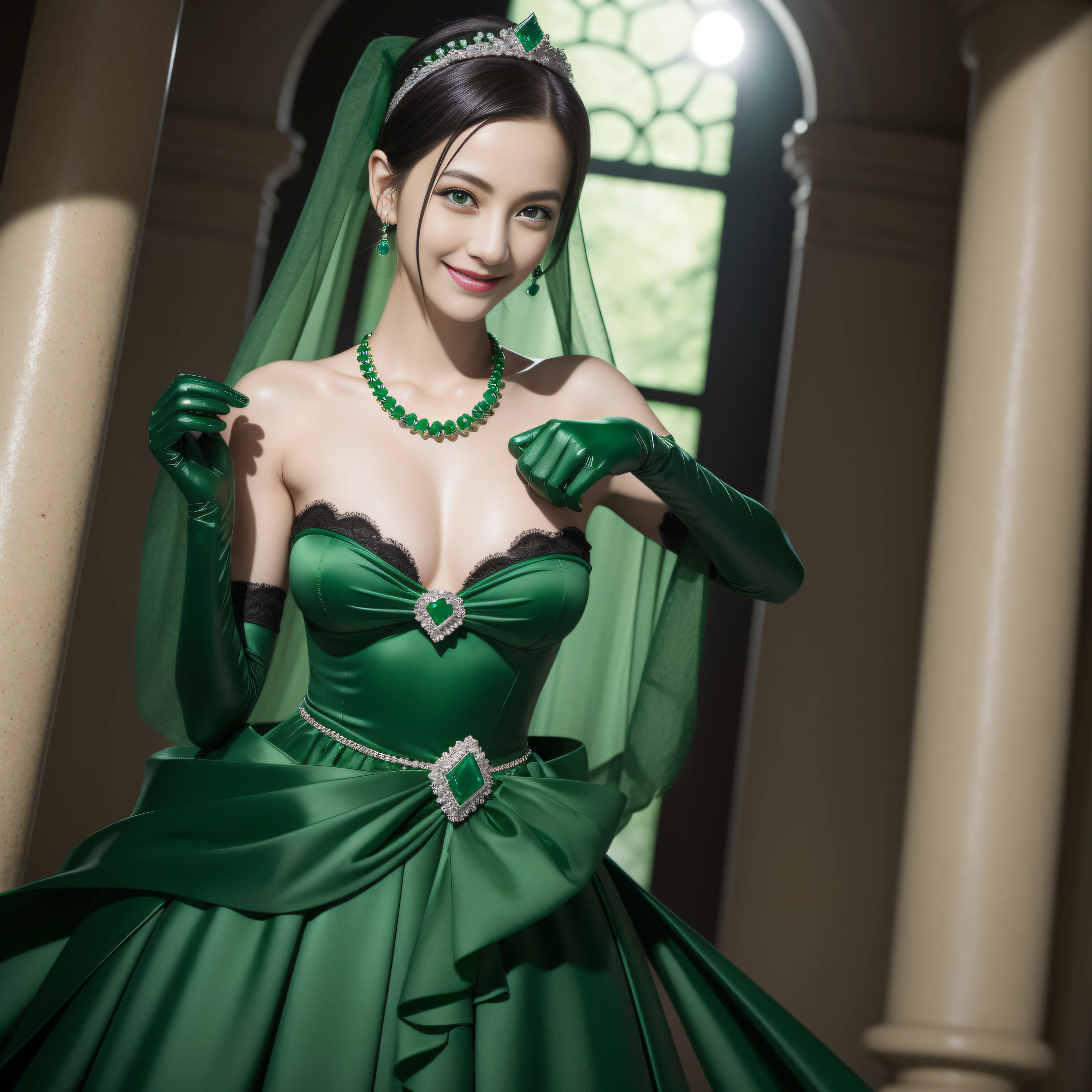 Emerald Tiarus, Boyish very short black hair, lipsticks, Japan woman smiling, Long green gloves made of satin material, very short short hair, Guts Pose, Green eyes, big breasts beautiful, Large green pearl necklace