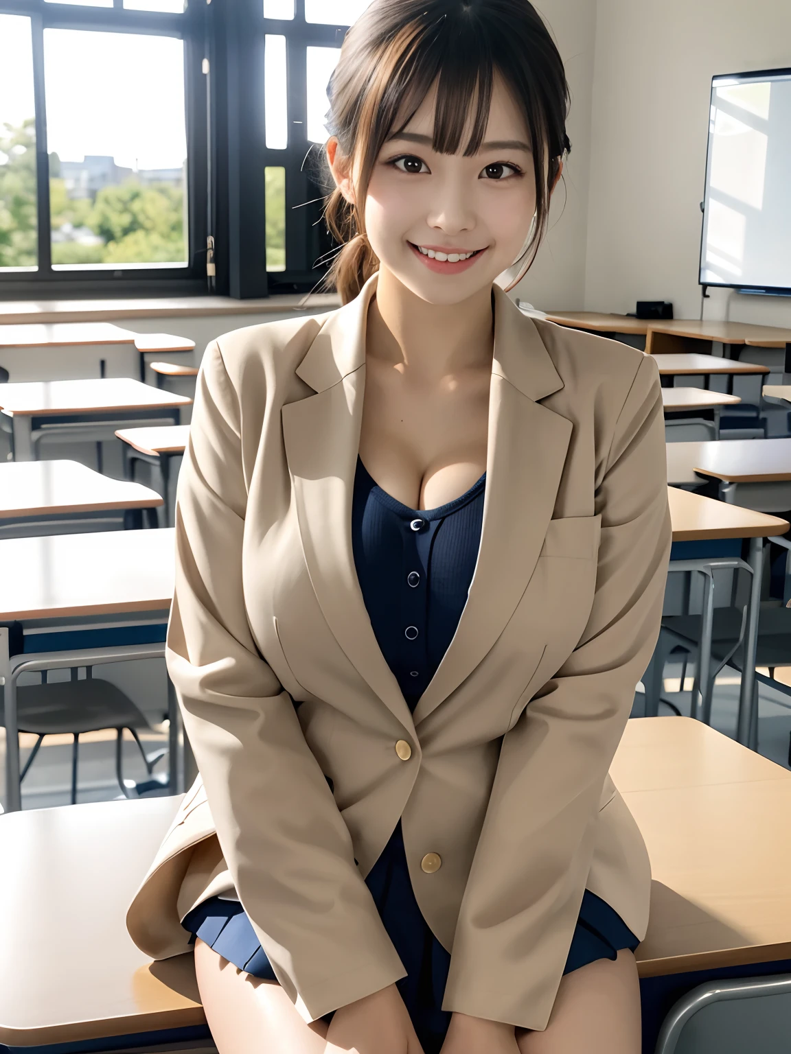 Best Quality, japanaese girl, 8K, Raw photo, top-notch quality, 1 beautiful Japanese girl, 18 years old,Japanese Idol, gals、poneyTail、Tempting smile、Fluttering chest、tits out、Cleavage of、Emphasize、Overflow from uniform、Large breasts, (sitting on the desk:1.1), (School uniform,Beige Blazer), (Spread legs:1.2),
(School classroom background:1.1)、