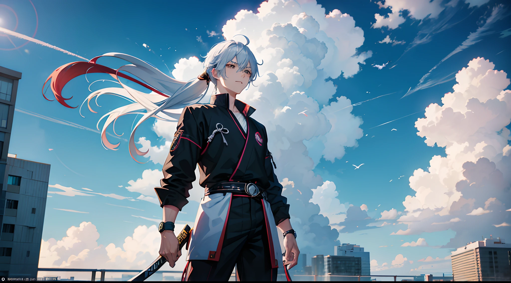 anime - style scene of a man jumping from the balcony with 2 katanas in his hands, anime art wallpaper 8 k, silver ring on his right ear, shot from backward, anime wallpaper, beautiful sky, clouds, anime wallpaper 4 k, anime wallpaper 4k, anime art wallpaper 4k, anime art wallpaper 4 k, anime style 4 k, 4 k manga wallpaper, ultra hd anime wallpaper, splash art, detail enhanced