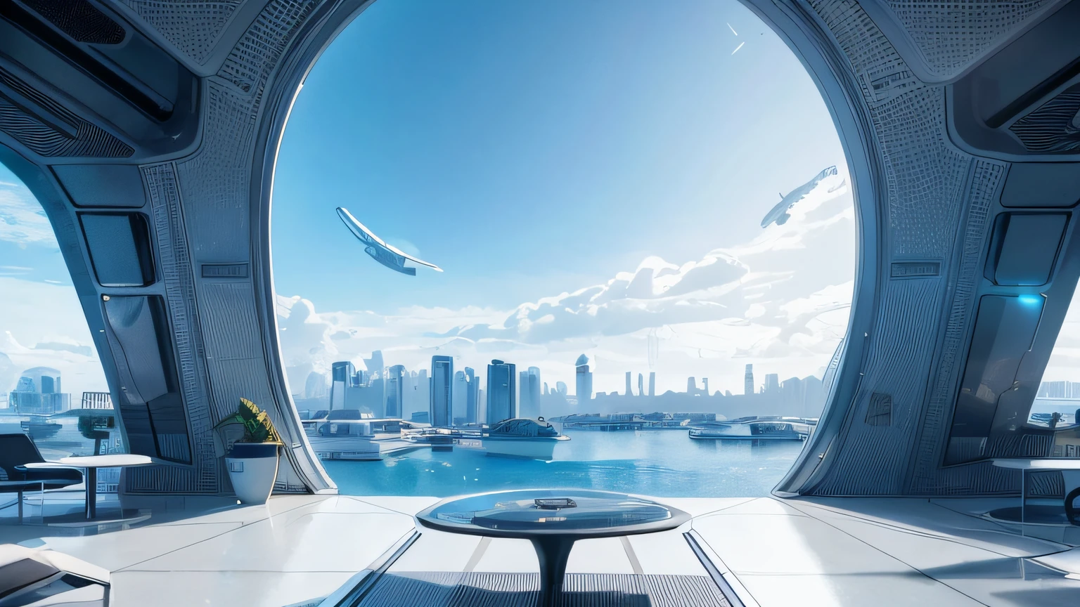 Alien structure, futuristic synthwave design, Alien synthwave structure, vaporwave. View of a balcony. Leisure area, futuristic living room. Technological environment. Futuristic, Future. futuristic city skyline. technologies. White and blue, 8K, Realistic photo, deep color, fantastical, intricate detail, splash screen, complementary colors, 8k resolution trending on Artstation Unreal Engine 5"