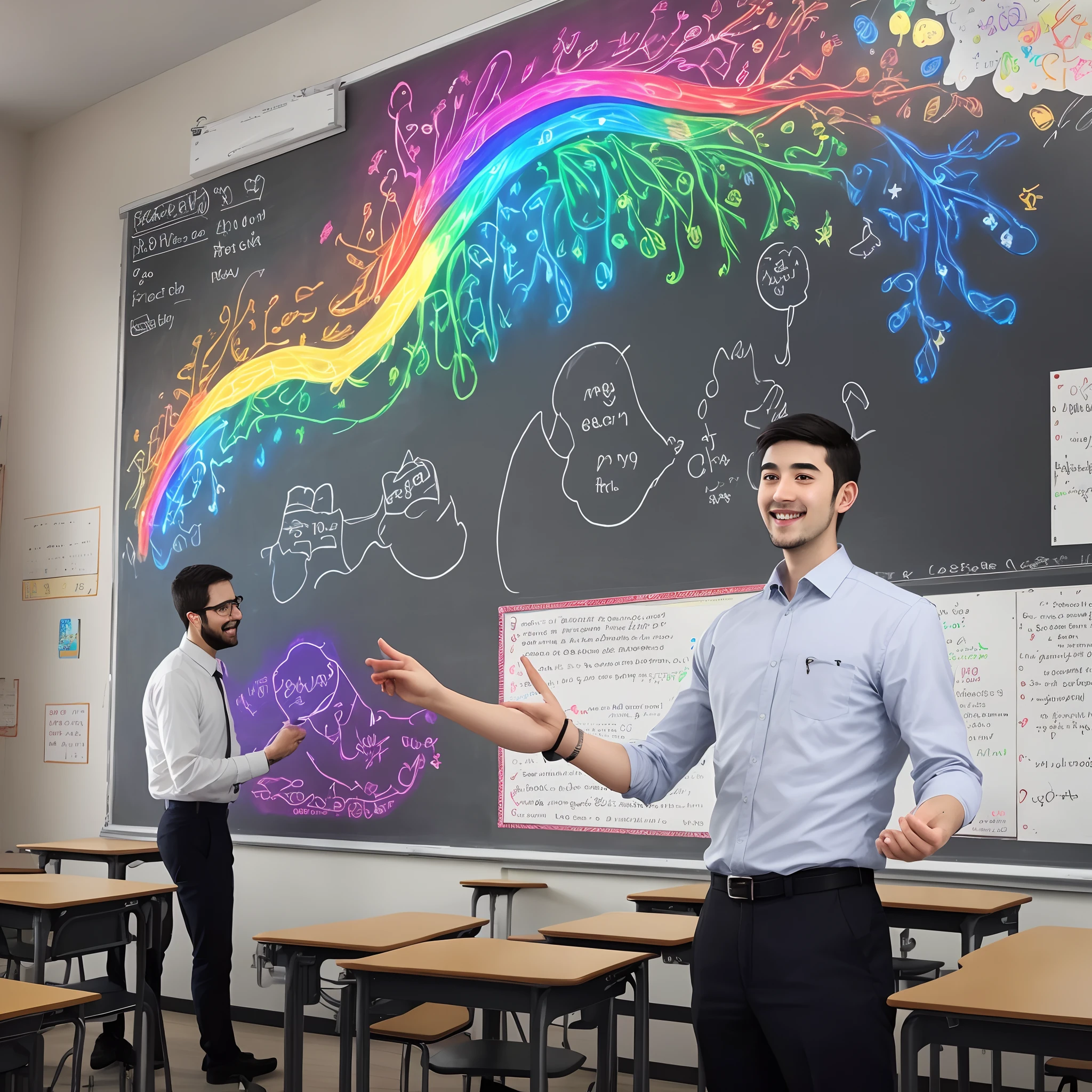 30year old teacher stand up in classroom male teacher with his hand magical chock, draw rainbow drawing on blackboard rainbow look like real