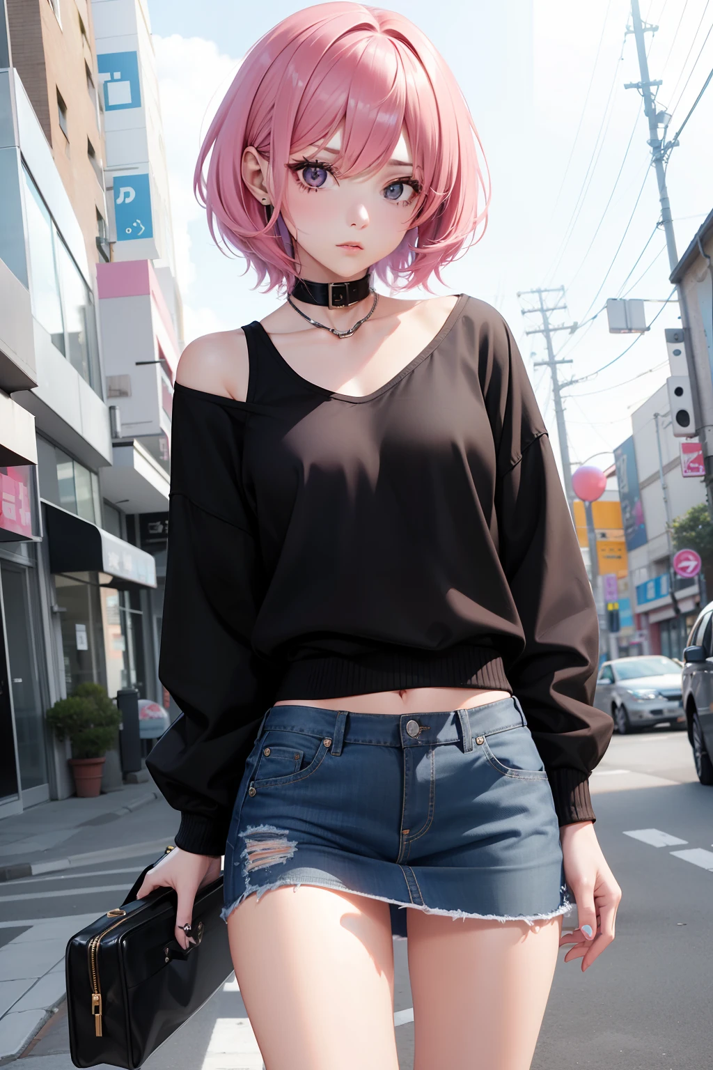 Leader of Runaway Bad Girl, Long Black Jumper, a cool、Skin Jean Miniskirt, short pink hair, Looking at the viewer, Front view,