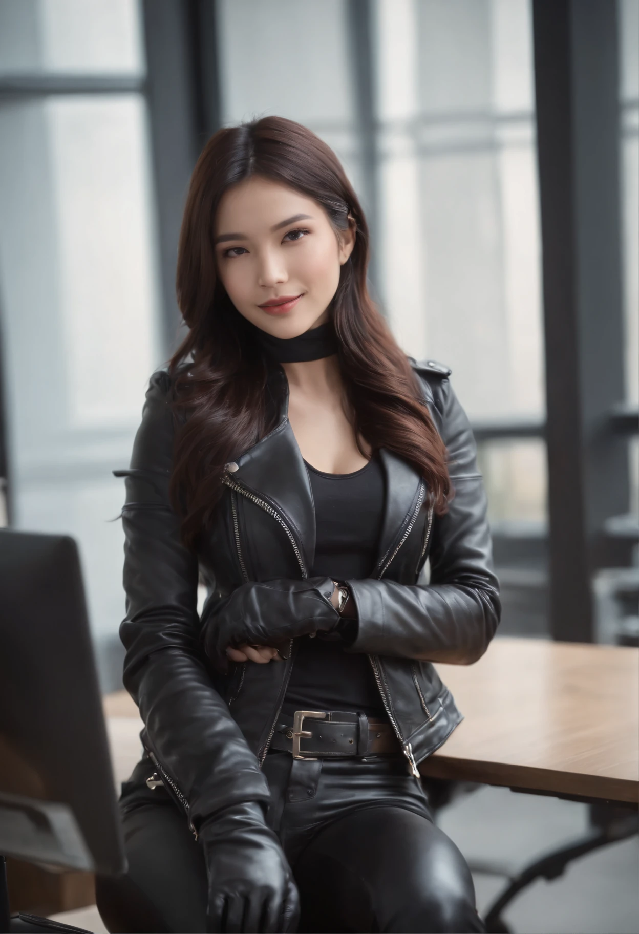 Wearing black leather gloves on both hands Upper body Black leather rider jacket Black leather skinny pants Black leather long boots Necklace on chest Smiling at modern study desk in the dark, Young Japan woman with long straight black hair (Black leather gloves cover both hands) With fingers in black leather gloves, Sitting in a leather chair, Working at a computer, Staring at the screen