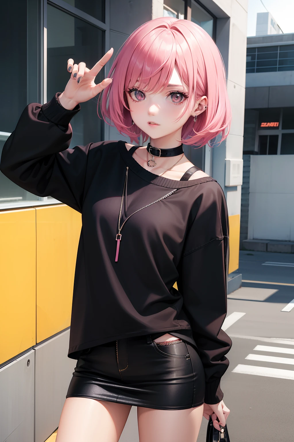 Leader of Runaway Bad Girl, Long Black Jumper, a cool、Skin Jean Miniskirt, short pink hair, Looking at the viewer, Front view,