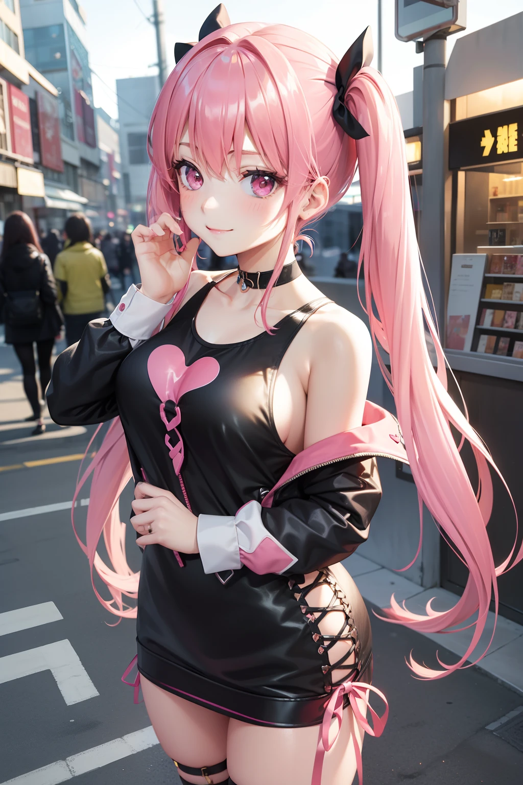 full body Esbian, masutepiece: 1.2, Highest Quality), (Live-action, elaborate details), (1 Lady, Solo, Upper body,) Clothing: Edgy, Black long jumper, pink miniskirt, long hair with pink twin tails,,,,,,,,、Avant-garde, Experimental appearance: Long pink twin tail hair 、Heart-shaped choker、The location: bustling city、Solo, Nice smile、Value Creation in Mixed Media Art: individuality, authenticity, Creative expression