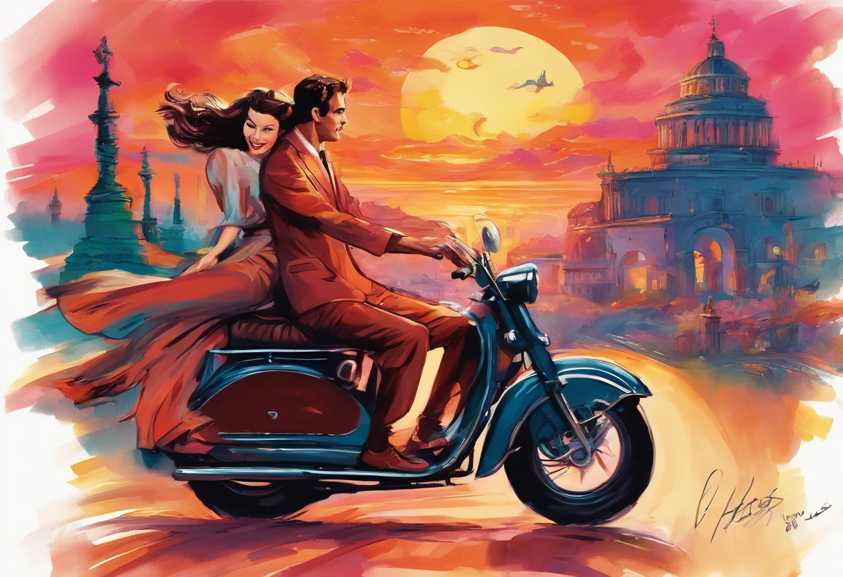 An illustration of Roman Holiday, an illustration of a Roman Holiday scene in which two people travel on a moped, the theme of the illustration is freedom and love. This scene shows Princess Anne and Joe enjoying their freedom and falling in love. Audrey Hepburn and Gregory Peck
BREAK,
The back view of two people riding a motorcycle, the view of two people riding a motorcycle looking at the cityscape of Rome, the view of two people riding a motorcycle illuminated by the sunset,
Expressing Princess Anne in bright colors, expressing Joe in dark colors, expressing the streets of Rome in colorful colors, expressing the sunset in warm colors, Hepburn's distinctive eyes, and Hepburn's beauty. Express with colors that emphasize