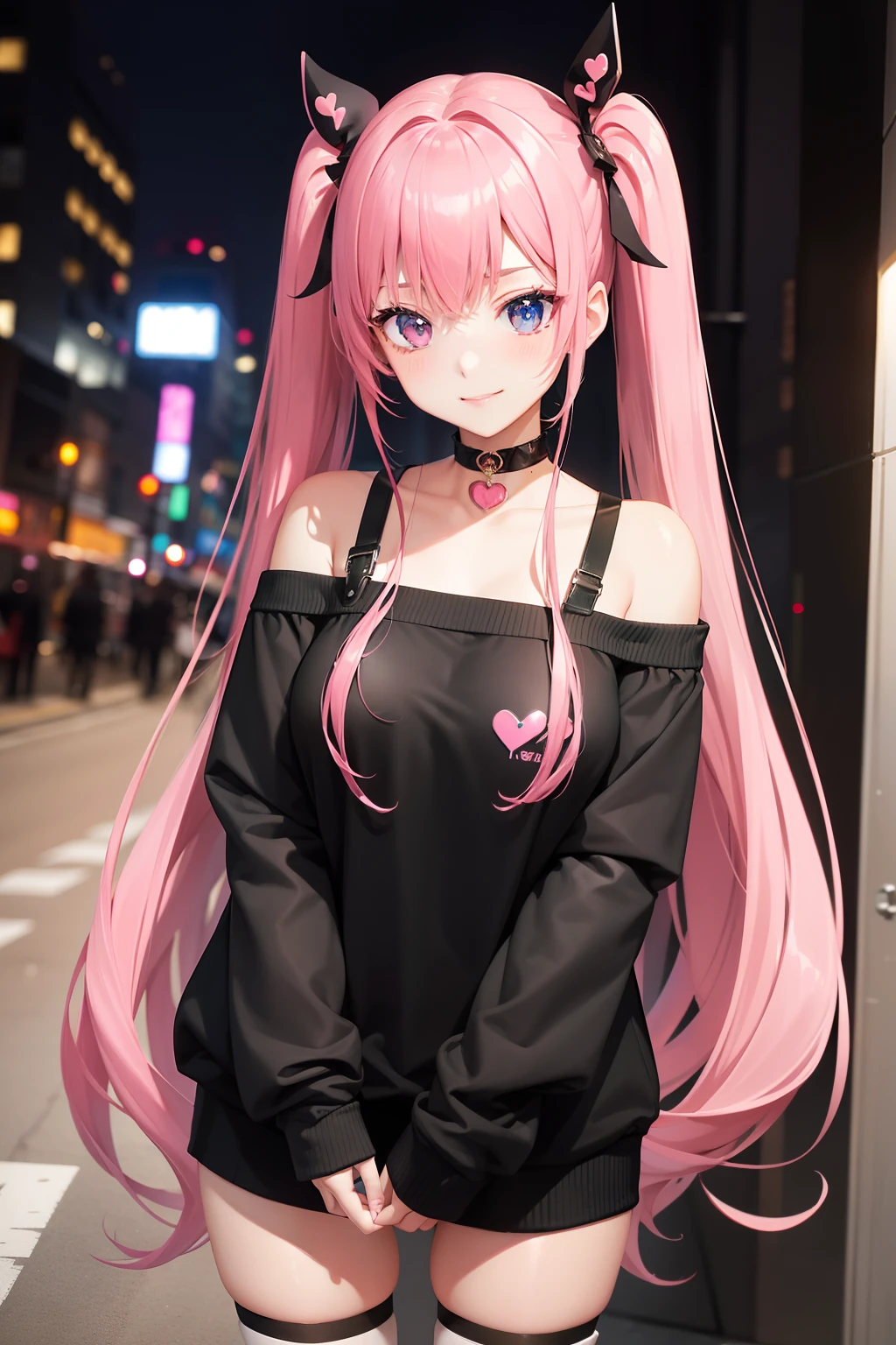 full body Esbian, masutepiece: 1.2, Highest Quality), (Live-action, elaborate details), (1 Lady, Solo, Upper body,) Clothing: Edgy, Black long jumper, pink miniskirt, long hair with pink twin tails,,,,,,,,、Avant-garde, Experimental appearance: Long pink twin tail hair 、Heart-shaped choker、The location: bustling city、Solo, Nice smile、Value Creation in Mixed Media Art: individuality, authenticity, Creative expression
