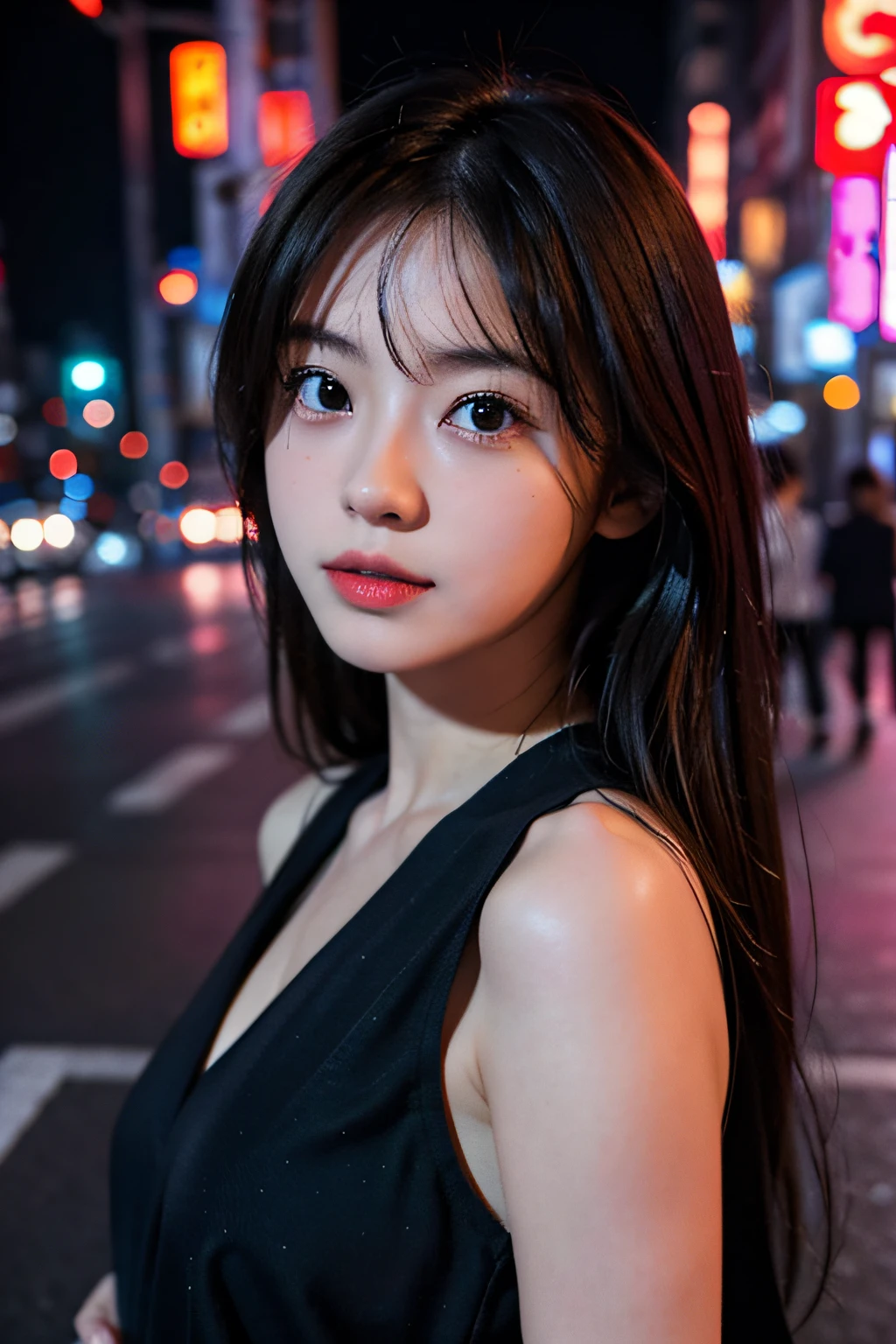 1girl, Tokyo street,night, cityscape,city lights, upper body,close-up, 8k, RAW photo, best quality, masterpiece,realistic, photo-realistic,