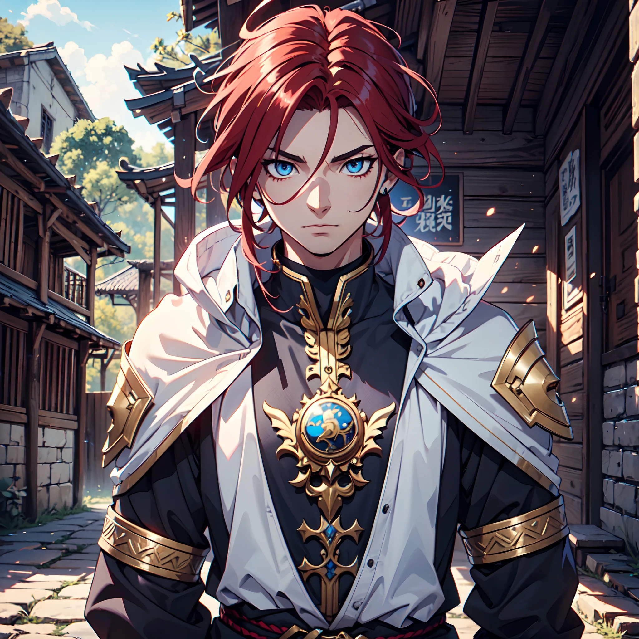 Ultra High Definition, Ultra High Quality, Extremely Detailed, Perfectly Detailed, Masterpiece, 8k, 1 Boy, Look A Like Xin From Kingdom Anime, Handsome, Equipped With Royal Knight Armor, Solid Light Blue Eyes, Long Red Hair, Body Shot, Ancient Kingdom Background