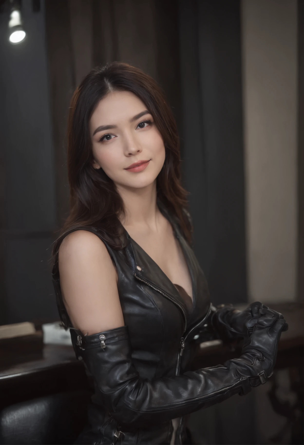 Wearing black leather gloves on both hands Upper body Black leather rider jacket Black leather skinny pants Black leather long boots Necklace on chest Smiling at modern study desk in the dark, Young Japan woman with long straight black hair (Black leather gloves cover both hands) With fingers in black leather gloves, Sitting in a leather chair, Working at a computer, Staring at the screen