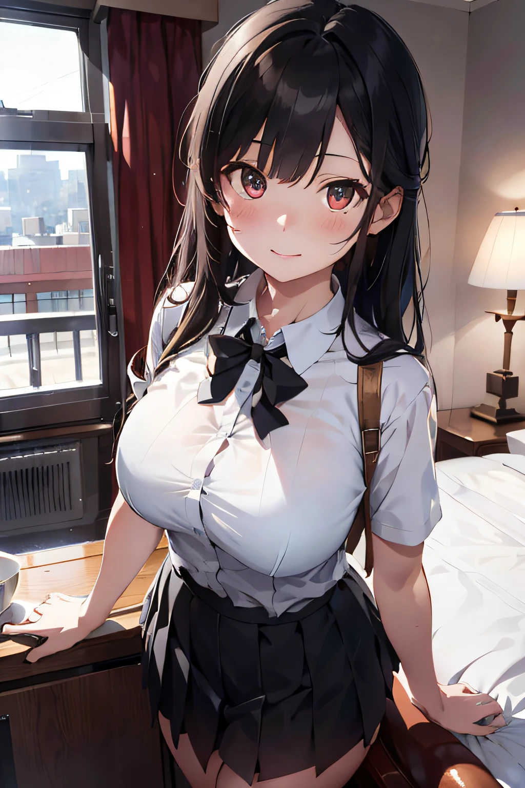 (extremely details CG、Unity、8K Wallpapers)、(extremely delicate and beautiful)、(​masterpiece)、(top-quality:1.0)、(超A high resolution:1.0)、beautiful  lighting、perfect lightning bolt、realistic shadow、[hight resolution]、Detailed skin、ultra-detailliert、detailed faces and eyes、Realistic eyes、Sharp pupils、Colossal tits、(From below:1.2)、cowboy  shot, hotel、Tour conductor、Evening glow、beauitful face、blurry backround、16-year-old beautiful girl、shinny skin、Side Up、Beautiful black hair、Blunt bangs、(Katyusha:1.2)、stewardess、Pleated miniskirt、Curve、(You can see light panties:1.0)、Gentle smile、