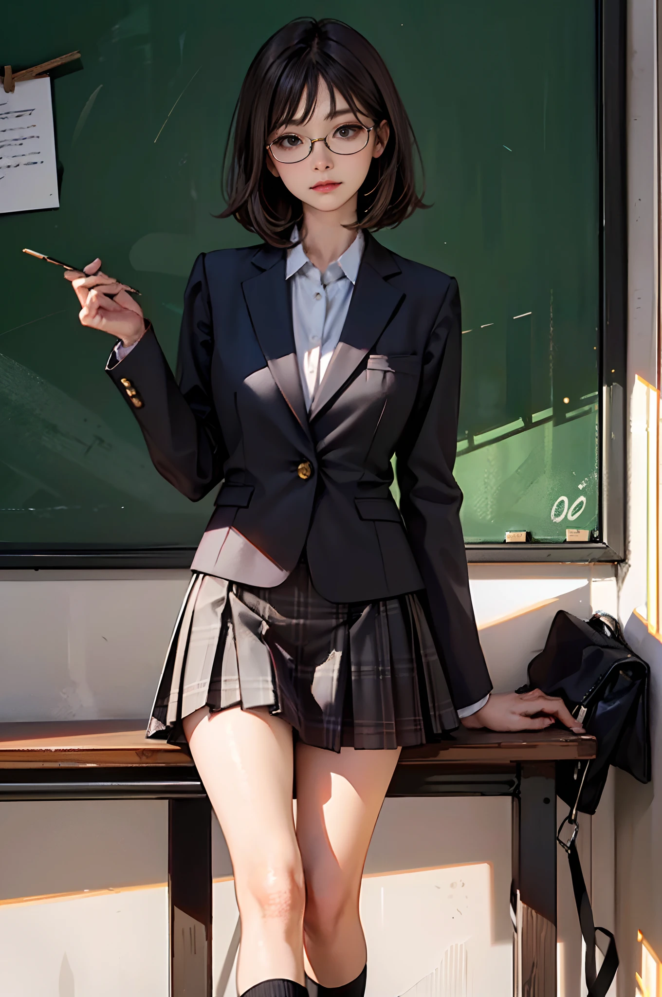 (8K, Raw photo, High sensitivity, Best Quality, very detail hair, masutepiece, 超A high resolution, Photorealistic:1.25) , Thin frame glasses, frontage, 1girll, Profession is a teacher,校服, Dark grey open jacket, Dark grey blazer, Pleated skirt, plaid skirts, gray-brown hair, Round glass with gold tones, at class room, Behind him was a blackboard,There is a formula on the blackboard,detail portrayal