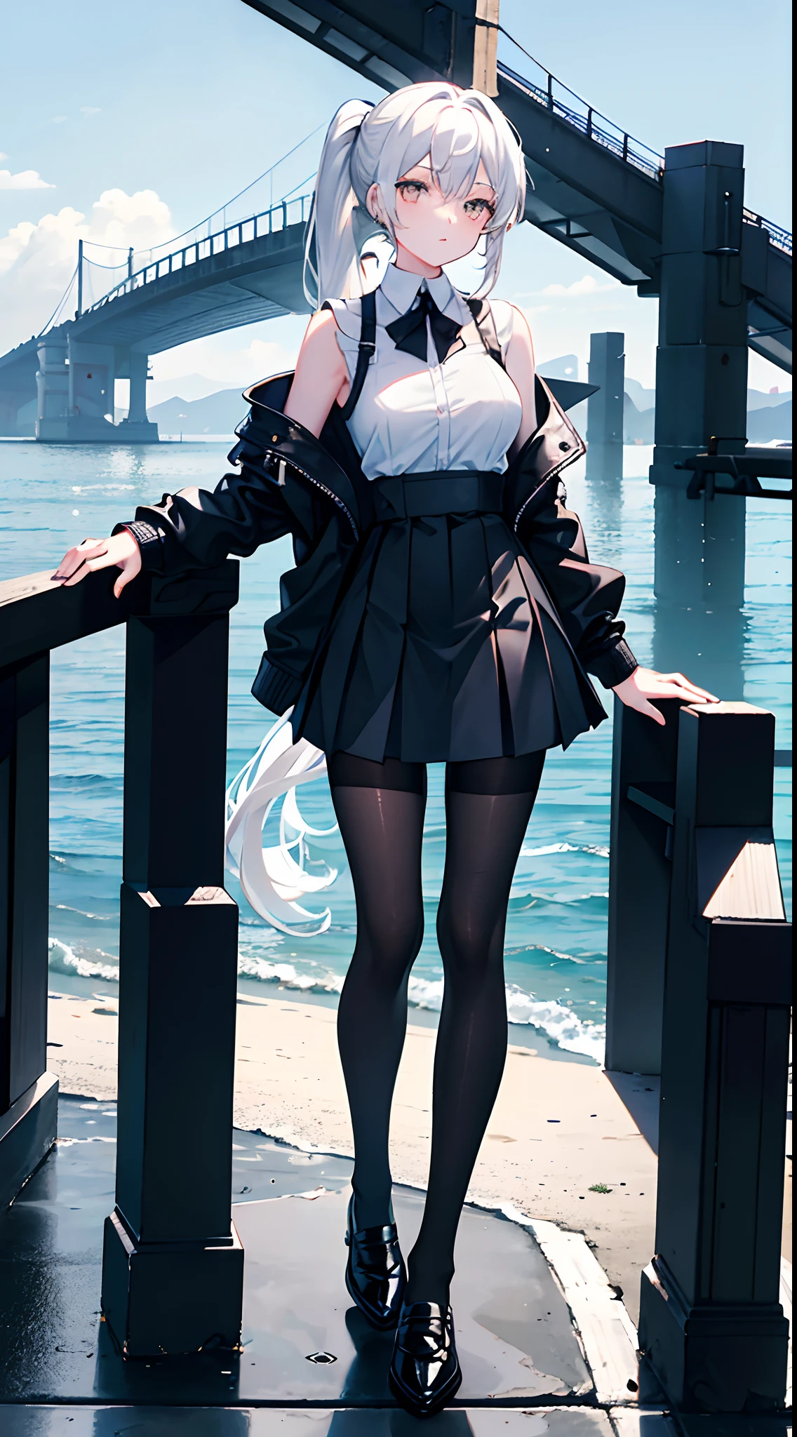A ponytail hangs down the chest,White color hair,17-year-old girl,Black pantyhose,White eyes,F-cup,teens girl,Black school uniform,Black leather shoes,standing on the sea side
