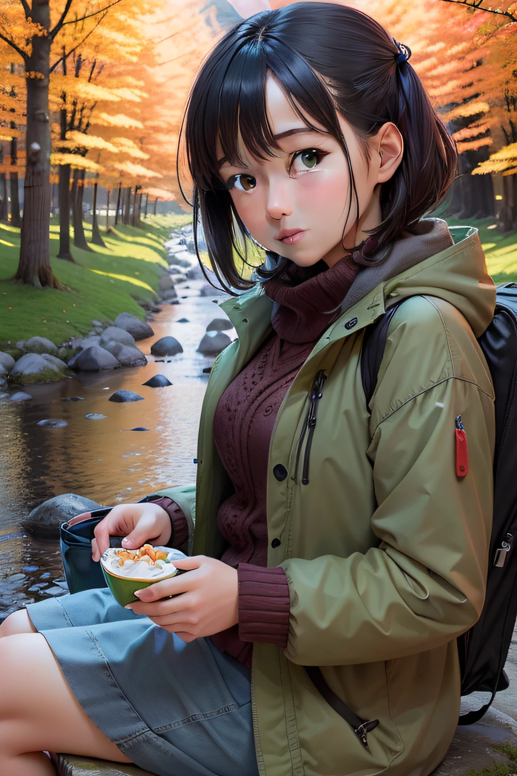 A high resolution，Gamine，Magic Forest，green trees，Hakuba，having picnic，Trip，mountain peaks、flying birds