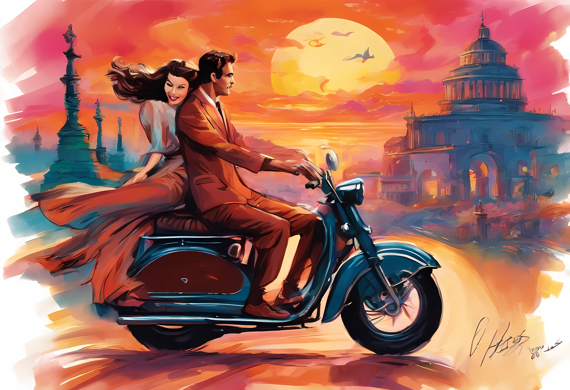 An illustration of Roman Holiday, an illustration of a Roman Holiday scene in which two people travel on a moped, the theme of the illustration is freedom and love. This scene shows Princess Anne and Joe enjoying their freedom and falling in love. Audrey Hepburn and Gregory Peck
BREAK,
The back view of two people riding a motorcycle, the view of two people riding a motorcycle looking at the cityscape of Rome, the view of two people riding a motorcycle illuminated by the sunset,
Expressing Princess Anne in bright colors, expressing Joe in dark colors, expressing the streets of Rome in colorful colors, expressing the sunset in warm colors, Hepburn's distinctive eyes, and Hepburn's beauty. Express with colors that emphasize