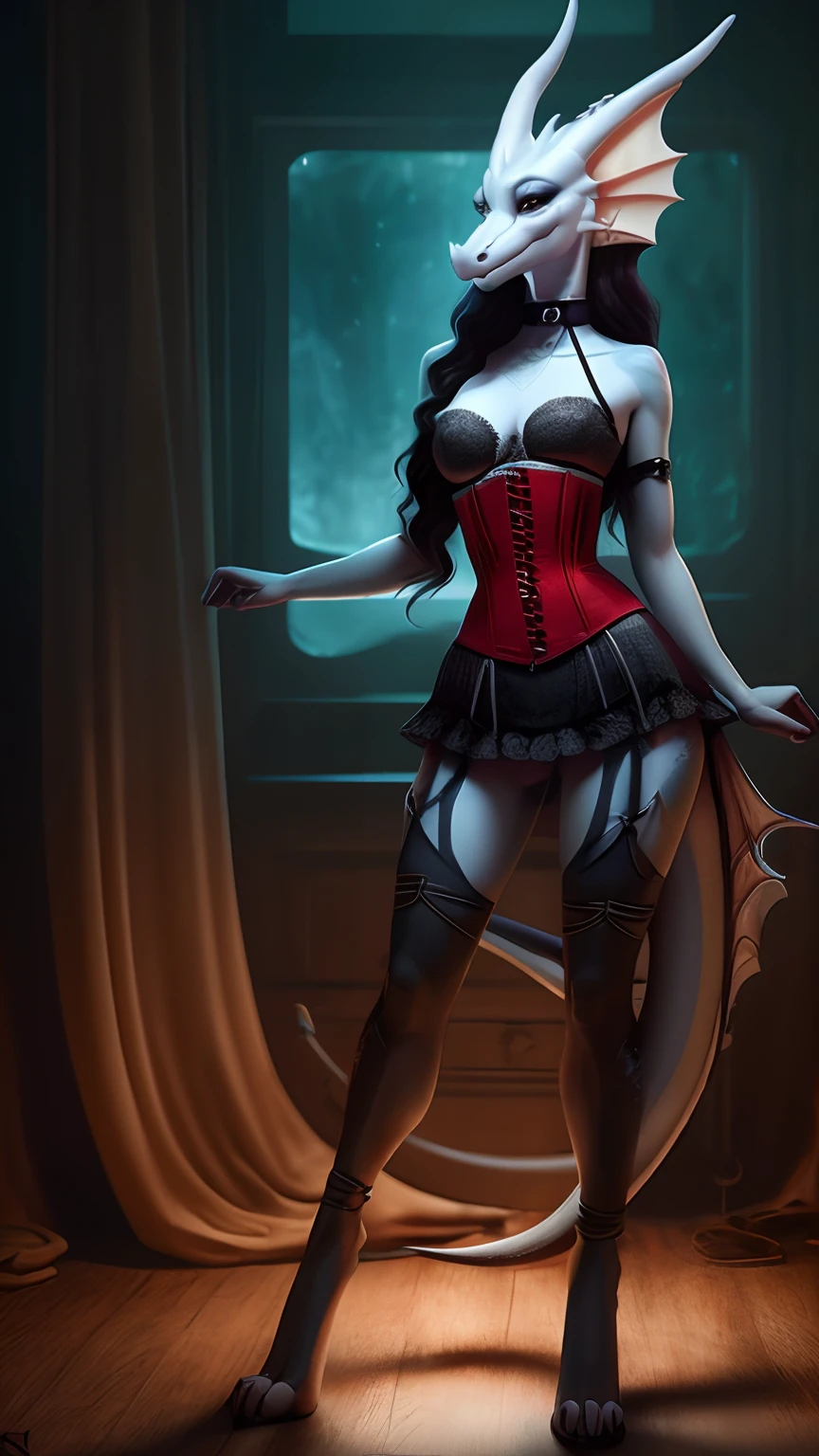((Seductive slender anthro dragoness in a corset)), ((red corset, Bra, Upskirt, stocklings, Choker)) A girl, anthro, scaly body,, in full height, Slender breasts, scaled skin, Long hair, membranous ears with piercings, small head, long neck, long slim legs, tail, A cunning seductive look, ((studio lightning, photografic)),