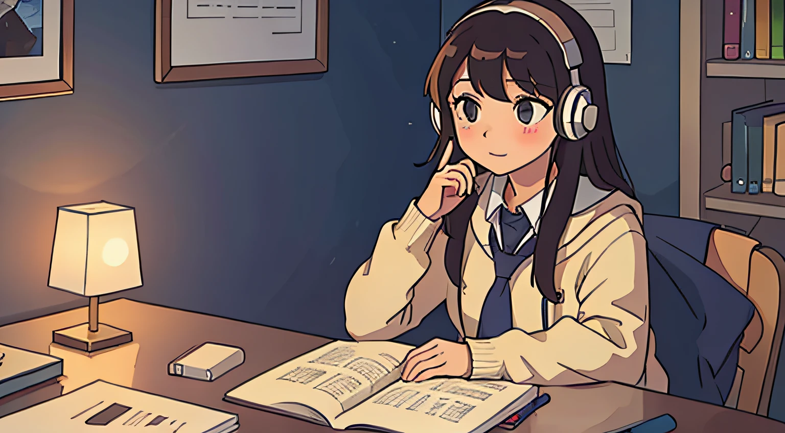 High school girl studying in library、head phone