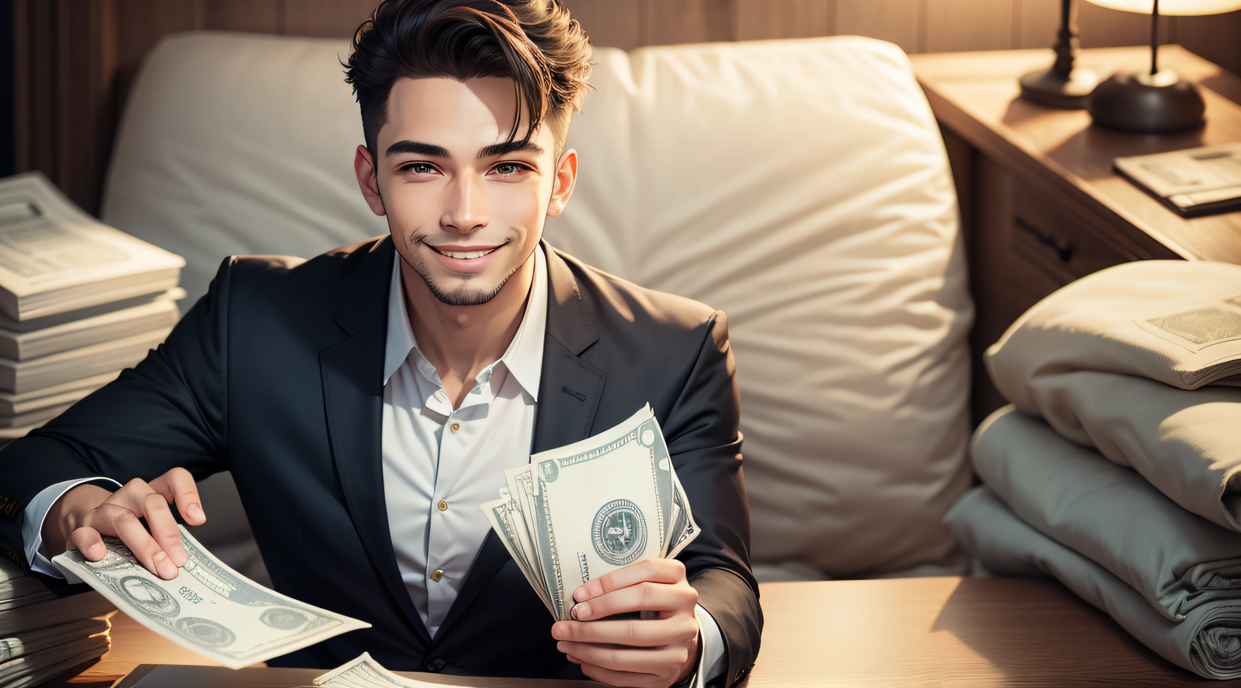Image of a man holding several bills of money, with a smile on her face.