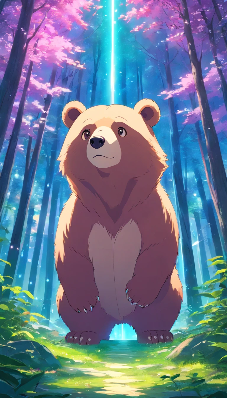 Bright and whimsical symmetrical bear in magic, A forest inspired by Avatar,Emits a blue ethereal glow, purple, Pink, and green. Cats have intricacies, Gorgeous fur pattern,Gently illuminated, Dreamy volumetric lighting. Surreal but non-threatening and beautiful.