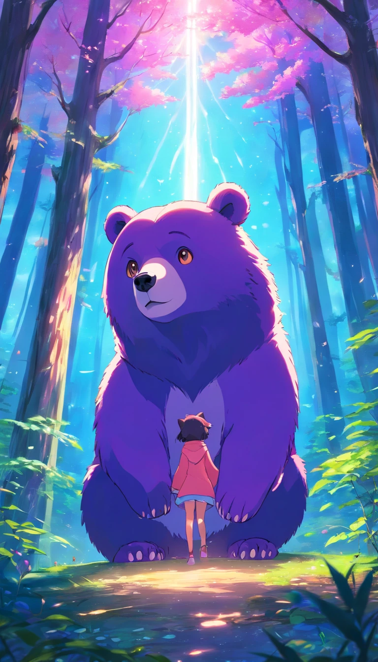 Bright and whimsical symmetrical bear in magic, A forest inspired by Avatar，Emits a blue ethereal glow, purple, Pink, and green. Cats have intricacies, Gorgeous fur pattern，Gently illuminated, Dreamy volumetric lighting. Surreal but non-threatening and beautiful.