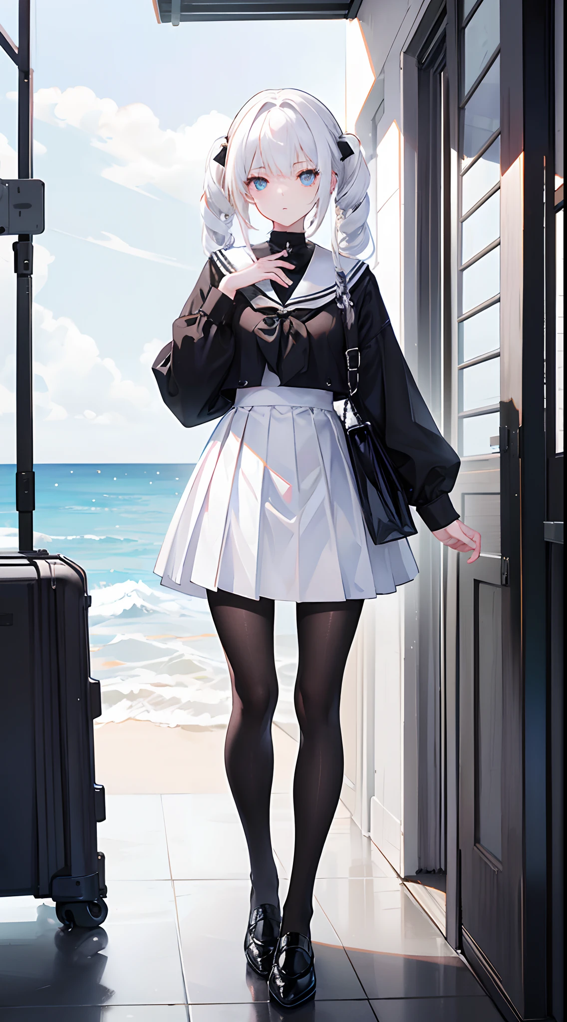 Dangerous hairstyles,White color hair,,Black pantyhose,White eyes,F-cup,teens girl,Blackool uniform,Black leather shoes,standing on the sea side