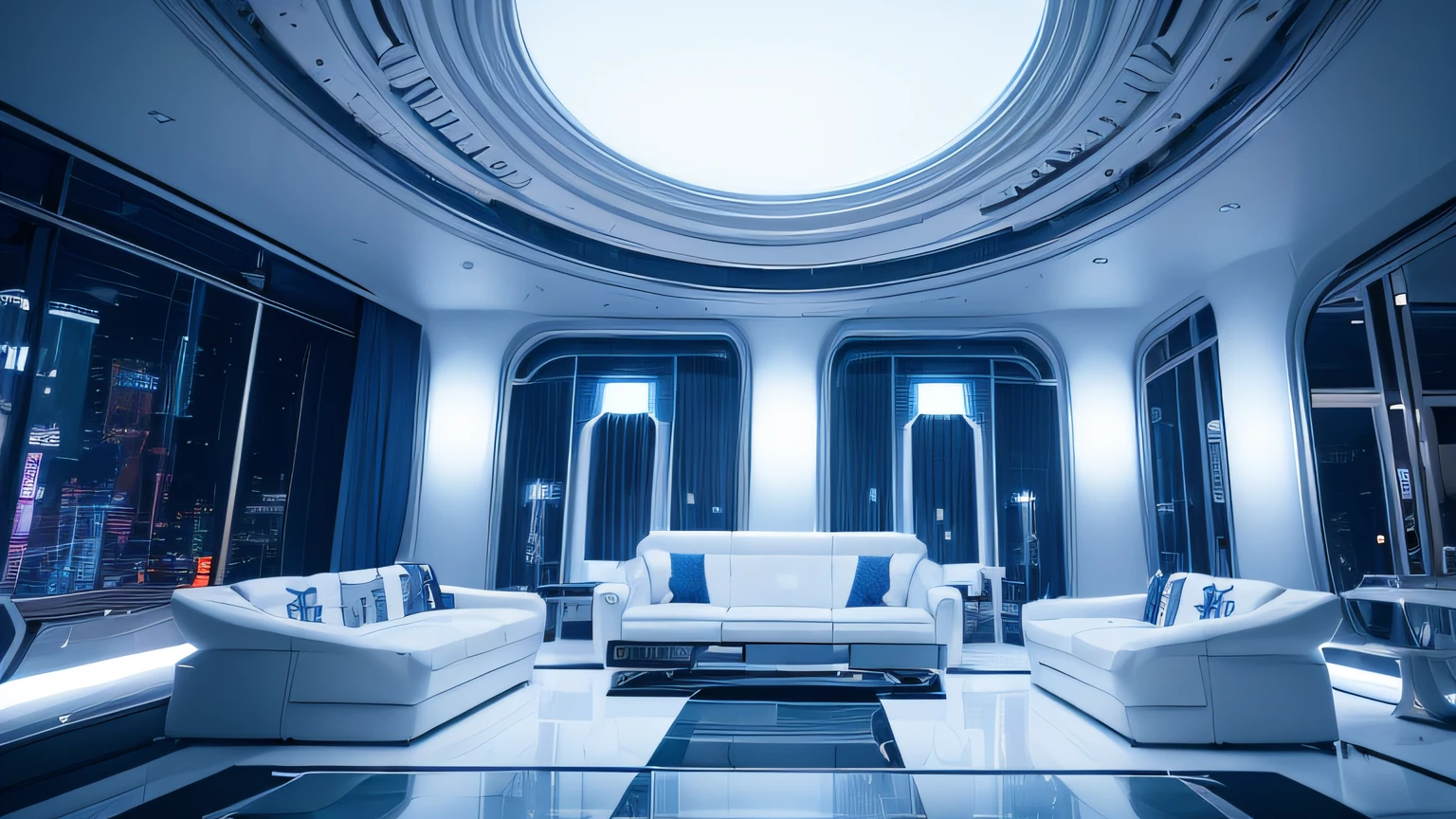 Alien structure, a room with large windows. living room with white futuristic sofas. clean room, Alien structure, futuristic synthwave design, Alien synthwave structure, vaporwave. View of a balcony. Leisure area, futuristic living room. Technological environment. Futuristic, Future. futuristic city skyline. technologies. White and blue, 8K, Realistic photo, deep color, fantastical, intricate detail, splash screen, complementary colors, 8k resolution trending on Artstation Unreal Engine 5"