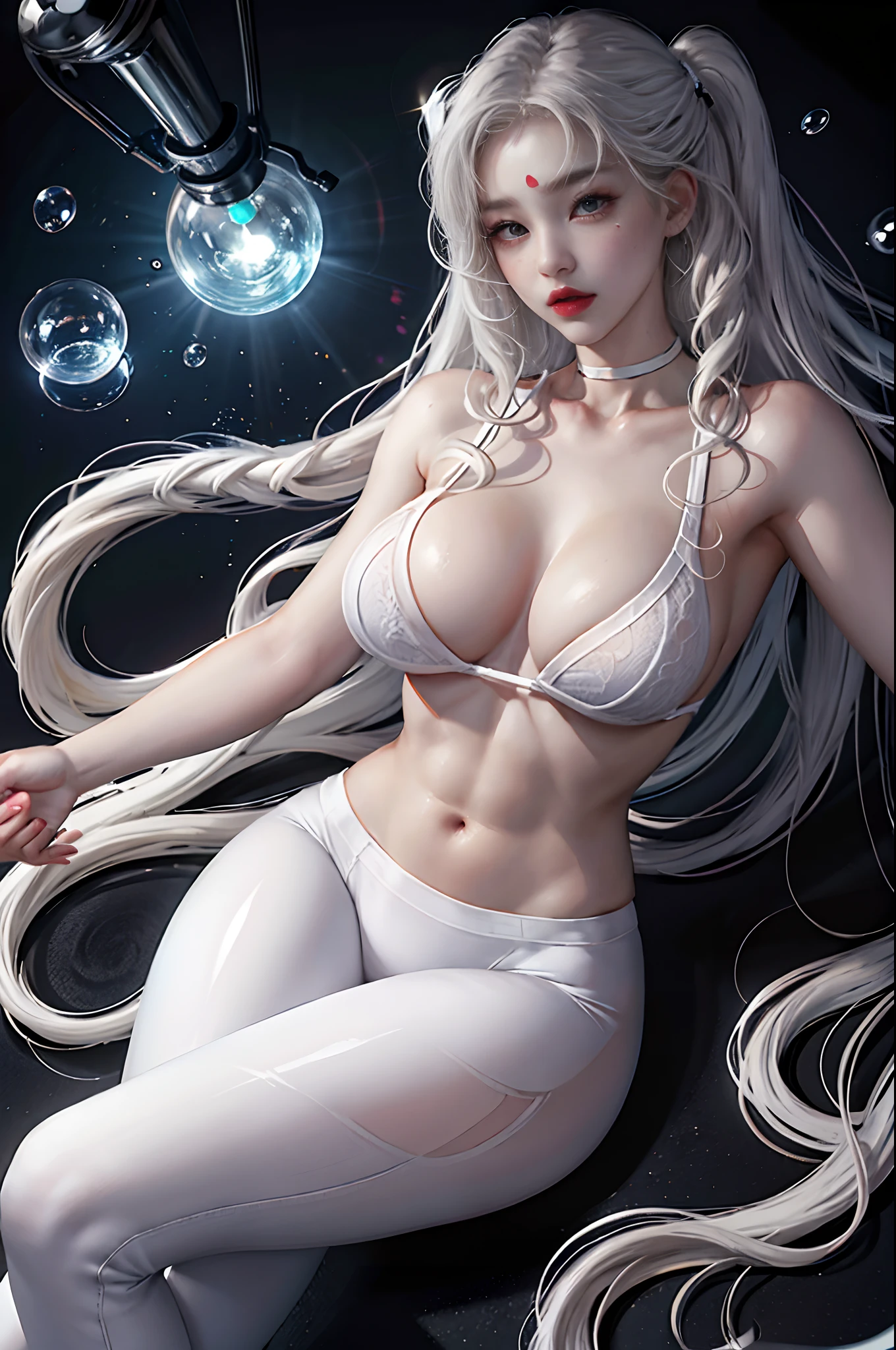 realisticlying，A high resolution，1个Giant Breast Girl，White wavy curls，korean people，Heterochromic eyes，Little moles under the eyes，Loose white shirt，Yoga pants for，，long leges，Tight abs，Sexual lip biting