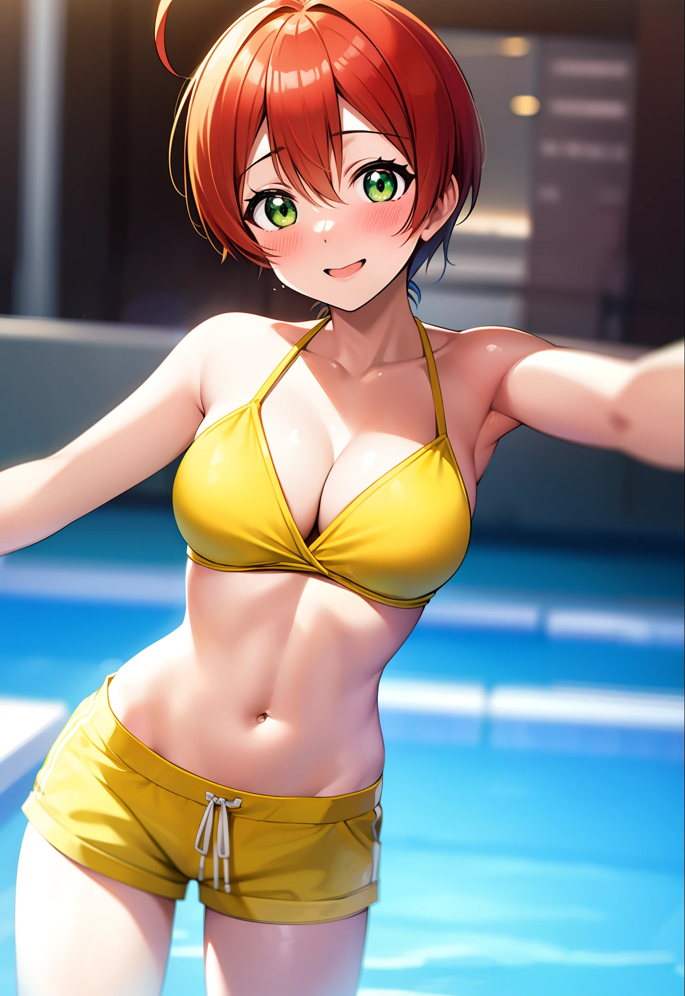 Hoshizora rin, (green eyes:0.8), yellow bikini top, yellow short shorts, standing, cowboy shot , in pool, cleavage, ahoge, Blushing, ffc selfie