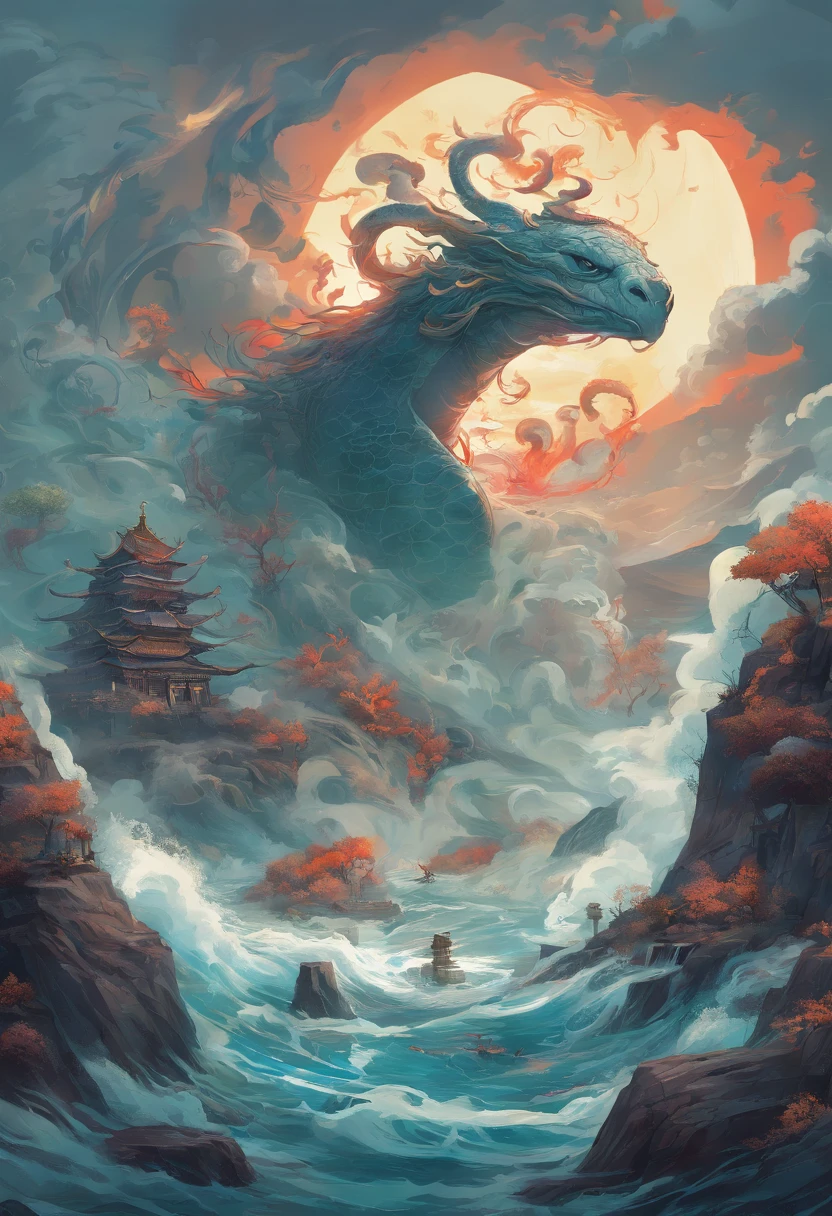 China-style，Chinese mythology，Xuanwu，faucet，Turtle body，Snake tail，has horns on its head，tosen，Ferocious，gargantuan，The eyes glow blue light，the sea，Huge waves，surrounded by cloud，中景 the scene is，Full body like， highly detailed surreal vfx，oc rendered， - AR 16:9 --q 2 --s 1000