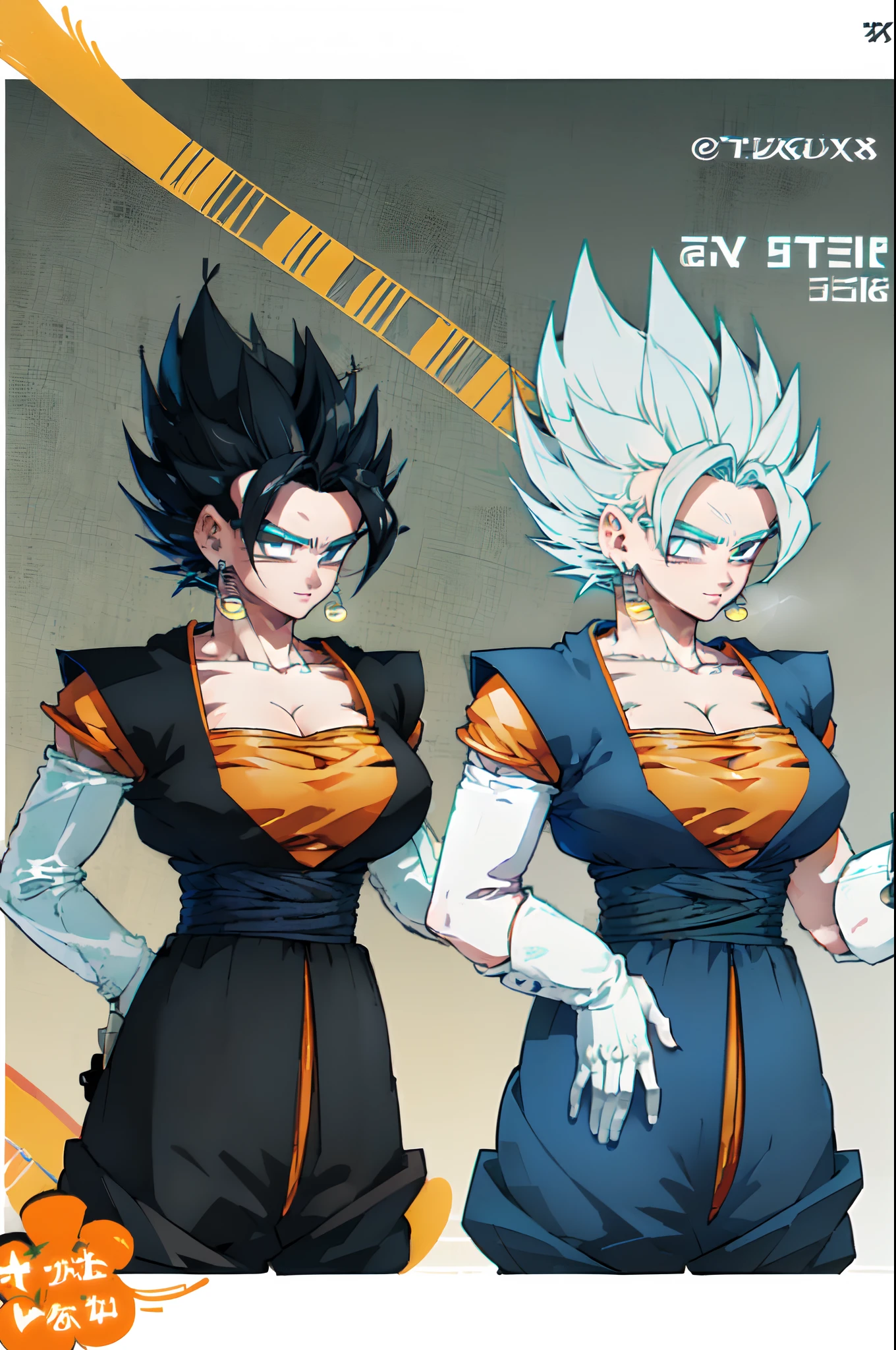 vegetto, 1 sexy girl, spiked hair, potara, white gloves, big tits, big ass, tight suit, victory pose, thin hips, looking at viewer, front view., vegetto, spiked hair, potara, white gloves(( big breasts) ((beach)) ((black hair)) (((detail fingers)) ((pants)) ((((beach)))) ((en la playa))