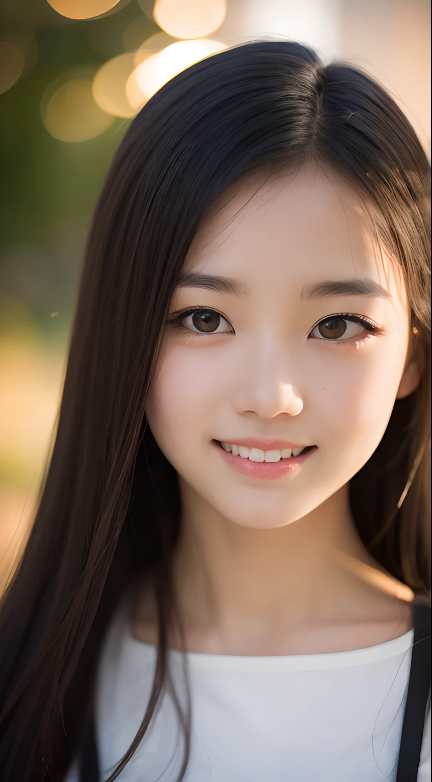 masutepiece, Best Quality, 8K, 15yo student, Teen, Raw photo, absurderes, award winning portrait, Smile, Smile, Solo, Night, neons, Idol face, violaceaess, gardeniass, Delicate girl, Upper body, Digital SLR, Looking at Viewer, Candid, Sophisticated, zora々Right, Thin arms, Professional Lighting, Film grain, chromatic abberation, (Eyes and faces with detailed:1.0), (Bokeh:1.1)