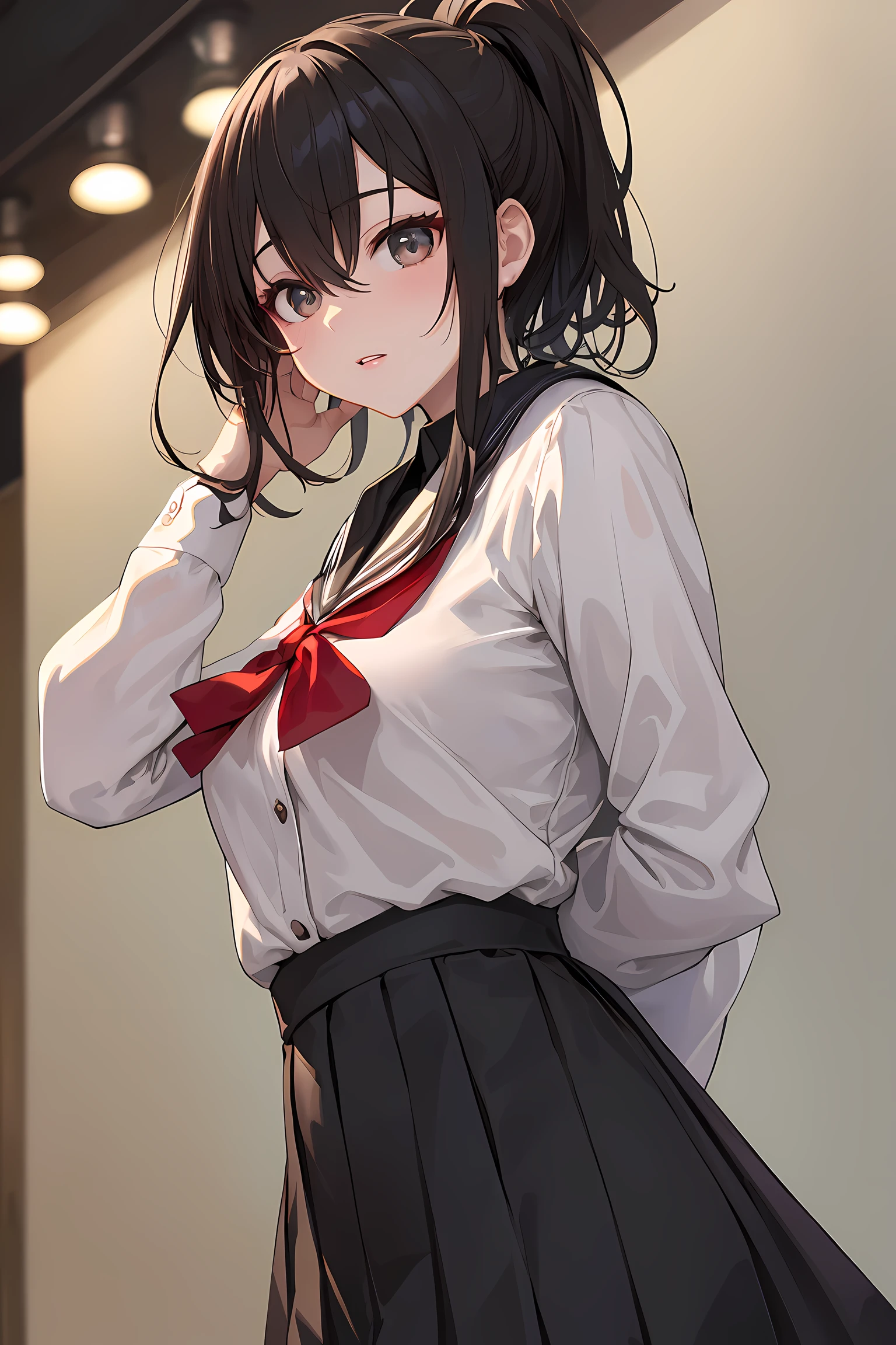 mitsuhamiyamizu, mitsuha miyamizu, black hair, (brown eyes:1.5), hair ribbon, (small breast:1.2),
BREAK bow, bowtie, kneehighs, pleated skirt, red bow, red bowtie, , skirt, white shirt, long sleeves,
BREAK looking at viewer,
BREAK indoors, classroom,
BREAK (masterpiece:1.2), best quality, high resolution, unity 8k wallpaper, (illustration:0.8), (beautiful detailed eyes:1.6), extremely detailed face, perfect lighting, extremely detailed CG, (perfect hands, perfect anatomy),