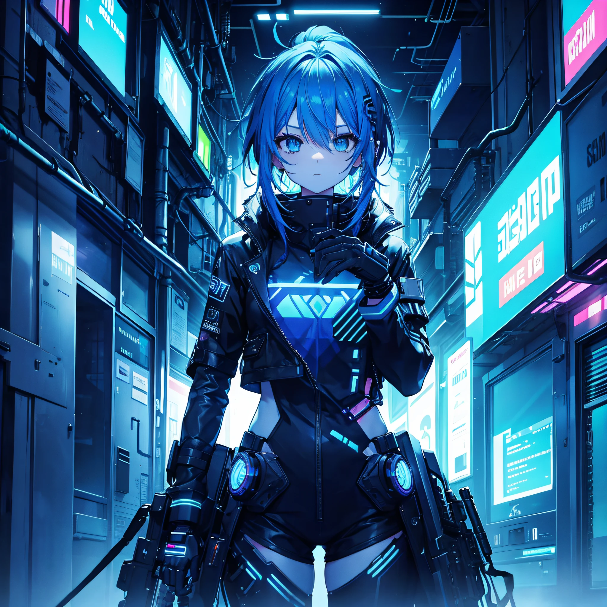 cyberpunked neons Blue-haired girl with