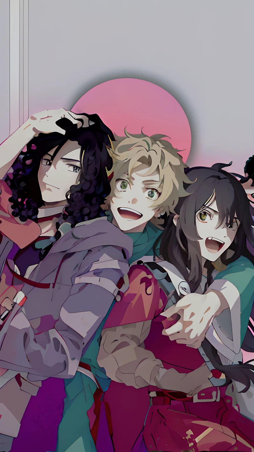 Slight retro color, flat, grainy, riso print style, illustration, cute, white space, low saturation, manga characters posing for a picture with a Grey background, official manga still, still from tv anime, Cute boy with long black hair, blonde pretty boy with white skin, cute brown boy with curly hair