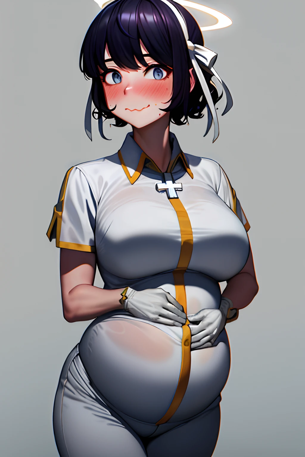 Masterpiece, Best quality, 1girll, ribbon, Halo, Blue eyes, 鎖骨, White ribbon, White gloves, Smile, Cross, Sweat, shirt, Collared shirt, Black hair, Short hair, Short sleeves, Pants,Large breasts, Blush, Hair ribbon, view the viewer, White shirt, mitts, (wavy mouth), Simple background,Pregnant belly, Maternity clothing，Maternity wear，Pregnant belly，Pregnant belly