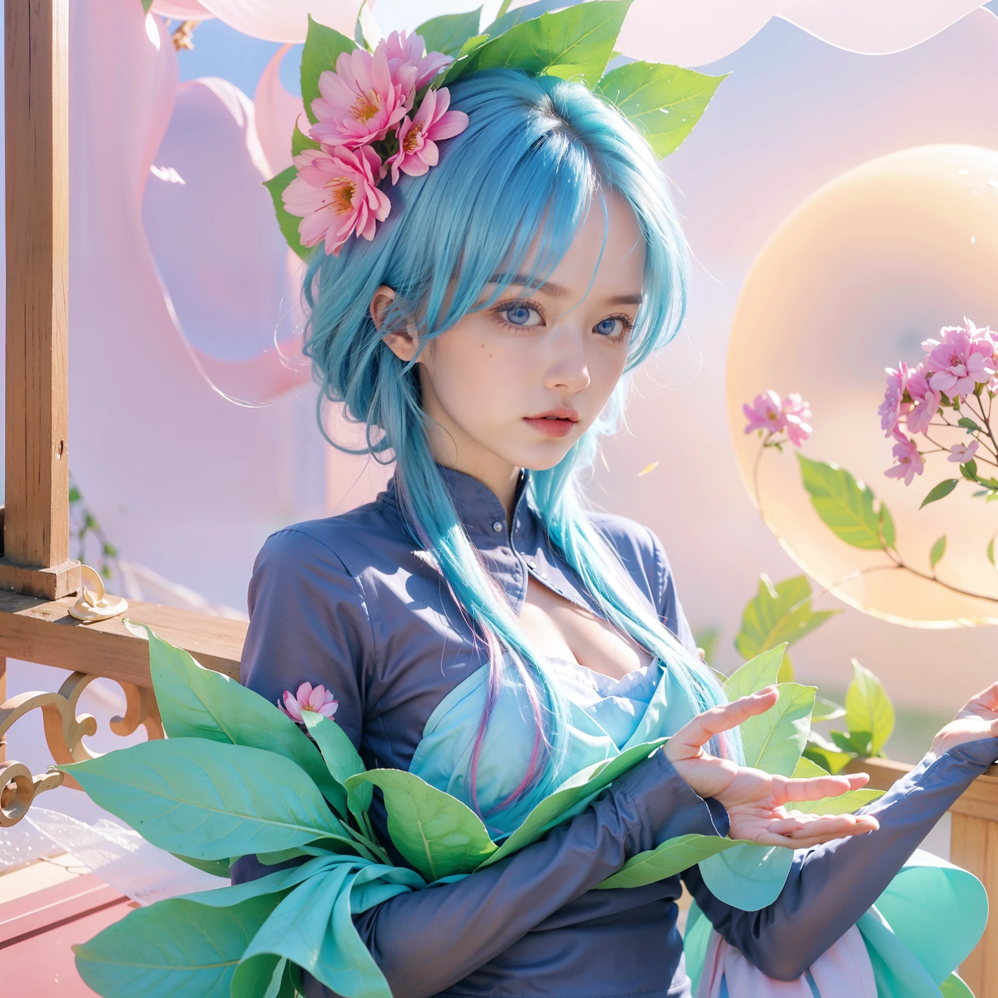Blue sky hair, pink flower and leaves in head, hd, super detail, Blue eyes, detail, ultra detail, 8k, hd, super hd, high definition, highly detail,