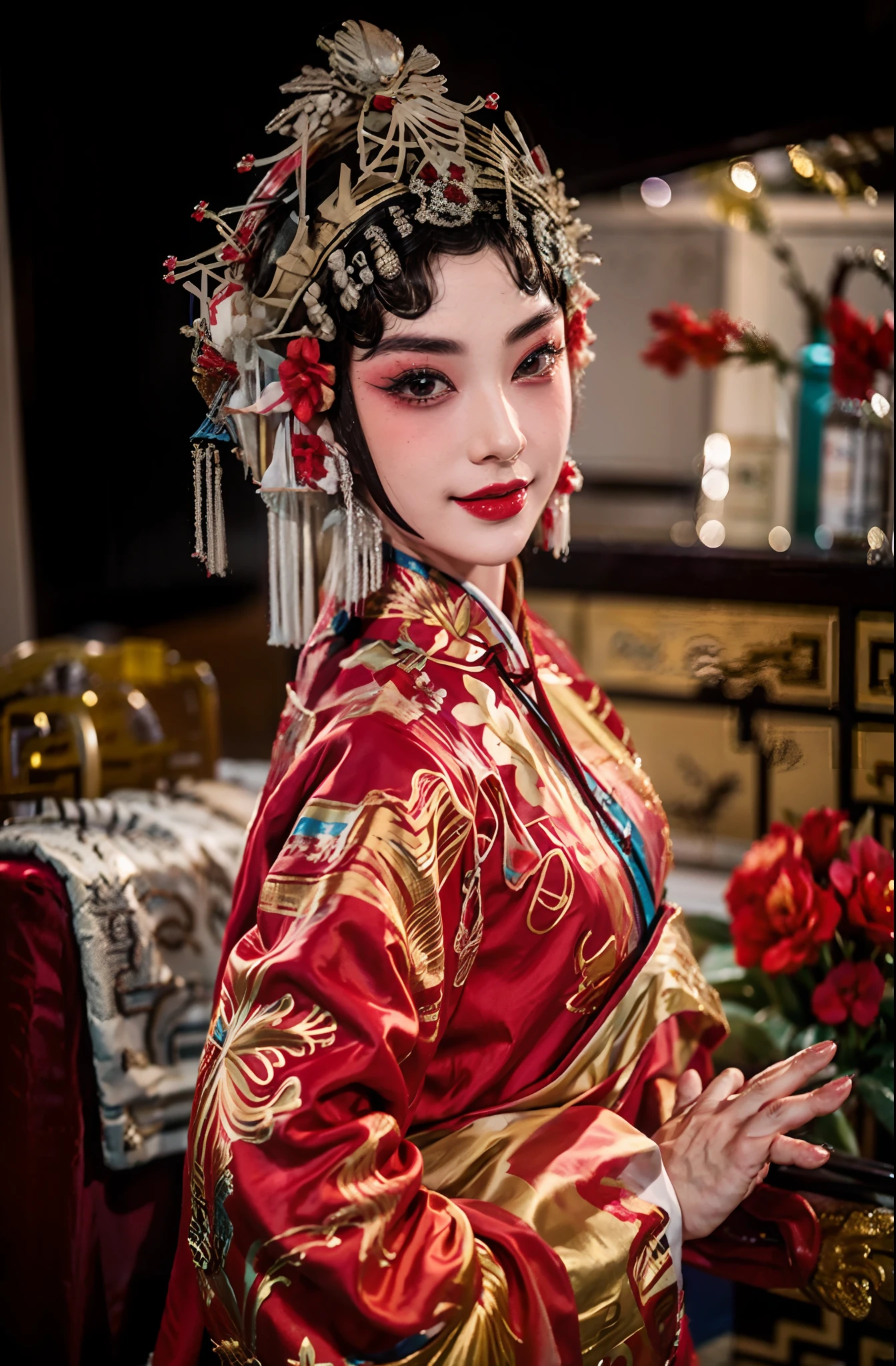 1girll，red and gold dress，sface focus，（Peking Opera Half Noodles：1.2），（Clear  eyes：1），（tmasterpiece，top-quality，best qualityer，offcial art，Beauty and aesthetics：1.2），up front view，facing to audience，（full bodyesbian：1.1），fully body photo，hanfu，xifu