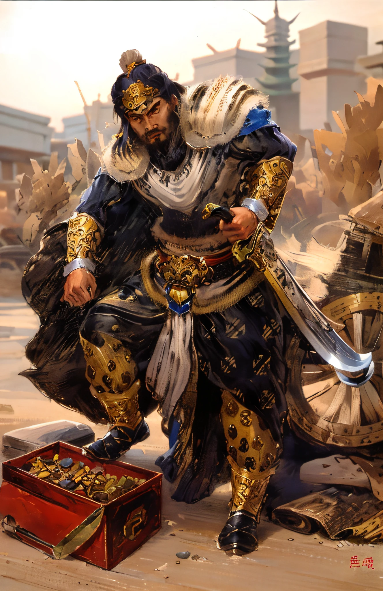 An ancient man holds a large knife，Wear a tigerskin top，There is a gold chest on the ground, Chinese martial arts, Photos of strong warriors, full-colour illustration, atlantean warrior, inspired by Li Kan, tai warlord, epic full color illustration, Snoop dogs as barbarians, ancient warrior, Chinese Warrior, naranbaatar ganbold, Bandits, zhangfei