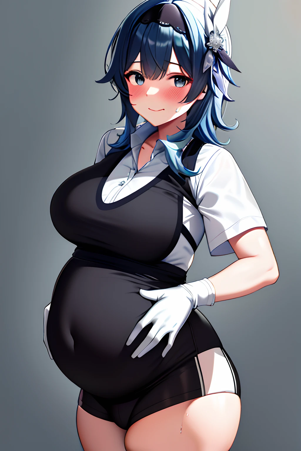 Masterpiece, Best quality, 1girll, ribbon, Halo, Blue eyes, 鎖骨, White ribbon, White gloves, Smile, Cross, Sweat, shirt, Collared shirt, Black hair, Short hair, Short sleeves, Pants,Large breasts, Blush, Hair ribbon, view the viewer, White shirt, mitts, (wavy mouth), Simple background,Pregnant belly, Maternity wear,Maternity wear,Pregnant belly,Pregnant belly