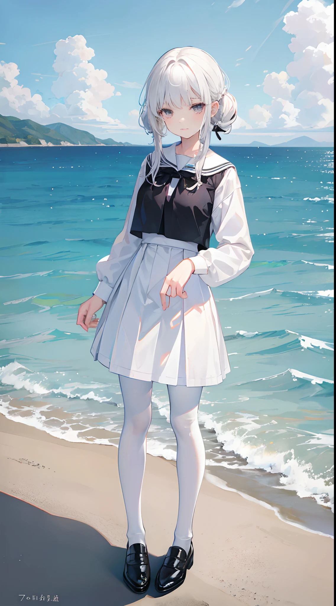 Mom hairstyle,White color hair,-yeld giBlack pantyhose,White eyes,F-cup,teens girl,Black school uniform,Black leather shoes,standing on the sea side