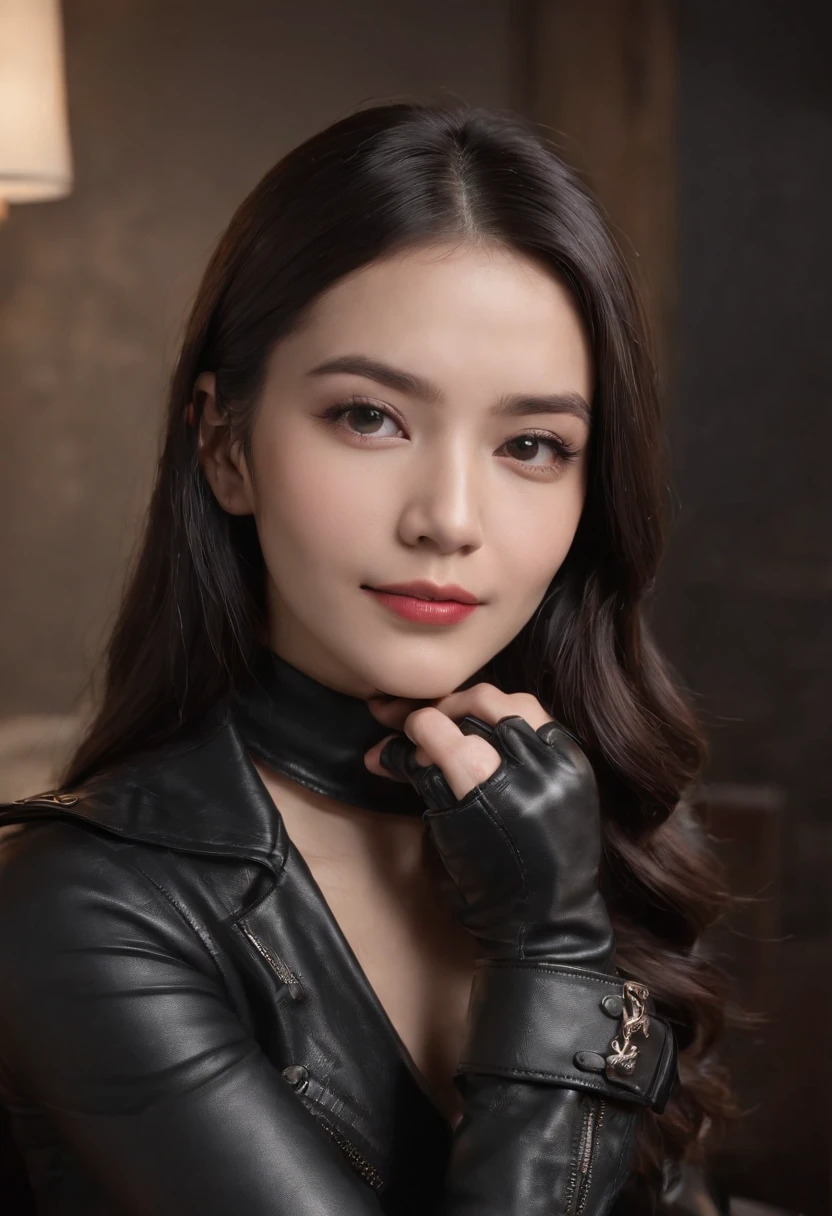 Wearing black leather gloves on both hands Upper body Black leather rider jacket Black leather skinny pants Black leather long boots Necklace on chest Smiling at modern study desk in the dark, Young Japan woman with long straight black hair (Black leather gloves cover both hands) With fingers in black leather gloves, Sitting in a leather chair, Working at a computer, Staring at the screen