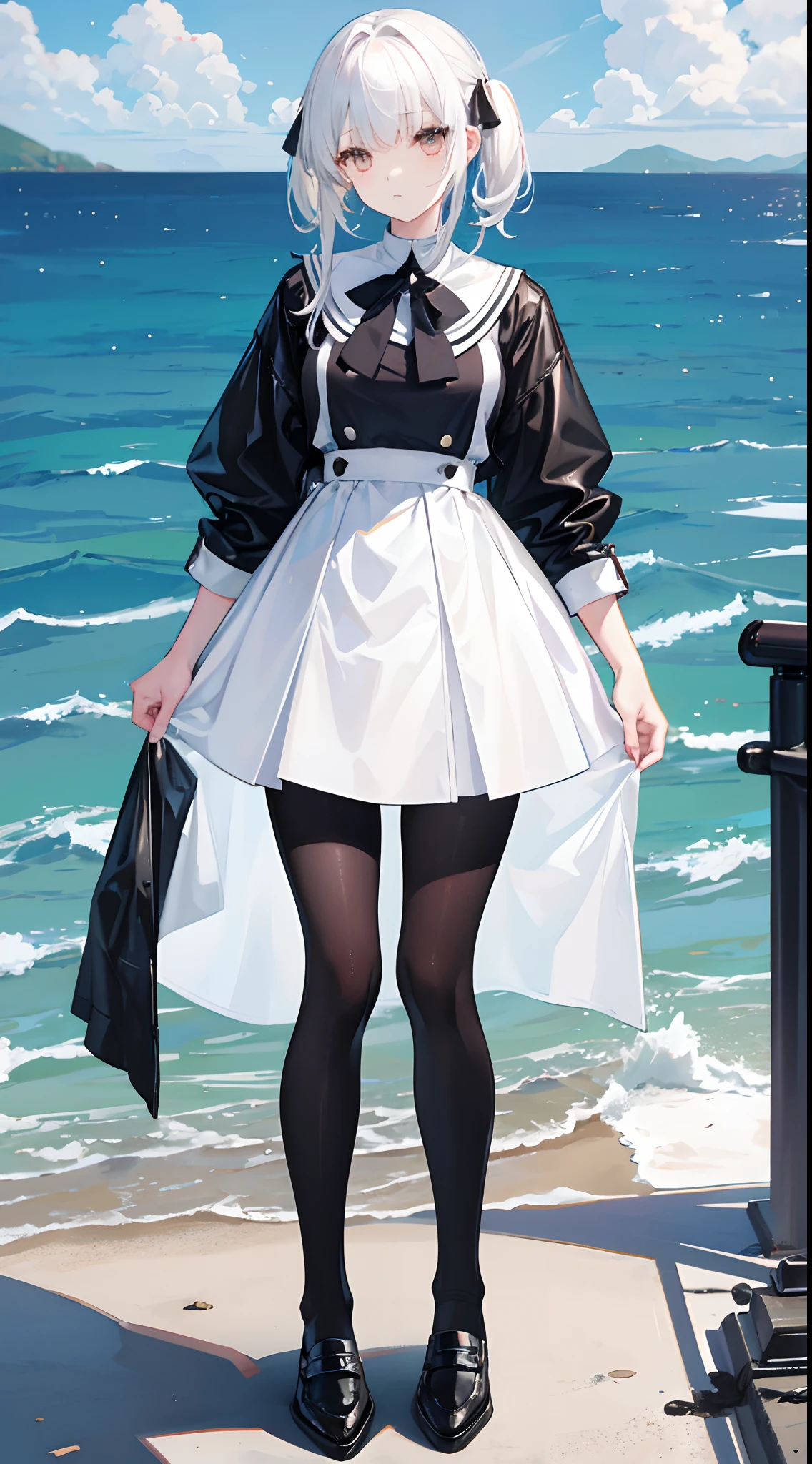 Mom hairstyle,White color hair,,Black pantyhose,White eyes,F-cup,teens girl,Blackool uniform,Black leather shoes,standing on the sea side