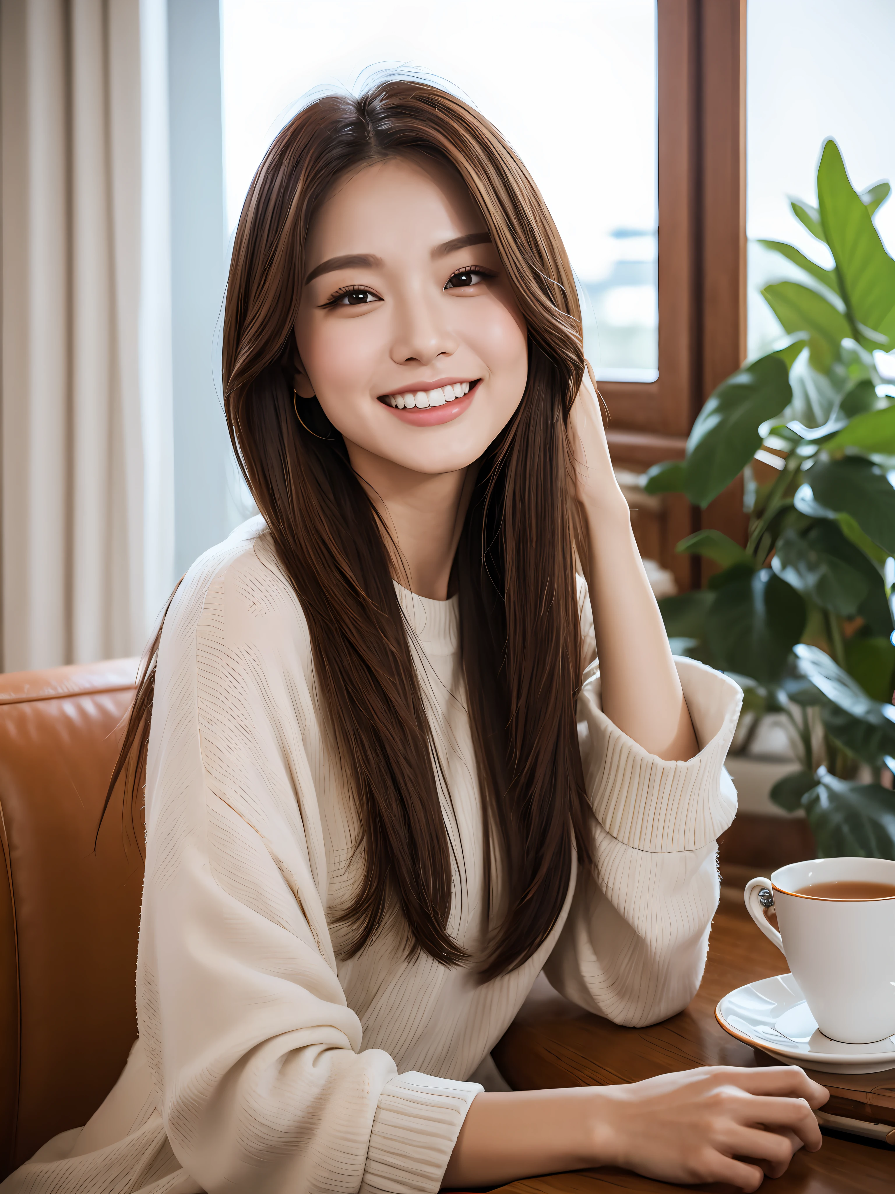 (A GIRL: 1.6), (lora:russianDoll:0.4), (lora:TaiwanDoll:0.4), (best quality, 8k, masterpiece: 1.3), focus 1.2, perfect body beauty: 1.4, highly detailed face and skin texture, detailed eyes, double eyelids, whitened skin, long hair split edges, (round face: 1.5)), looking at the audience, leaking teeth and laughing, sitting next to the audience, window, (Full body: 1.1), home, sofa, lamp, tea cup, TV, coffee table, flowers, (warm color: 1.5), (dim light: 1.2)